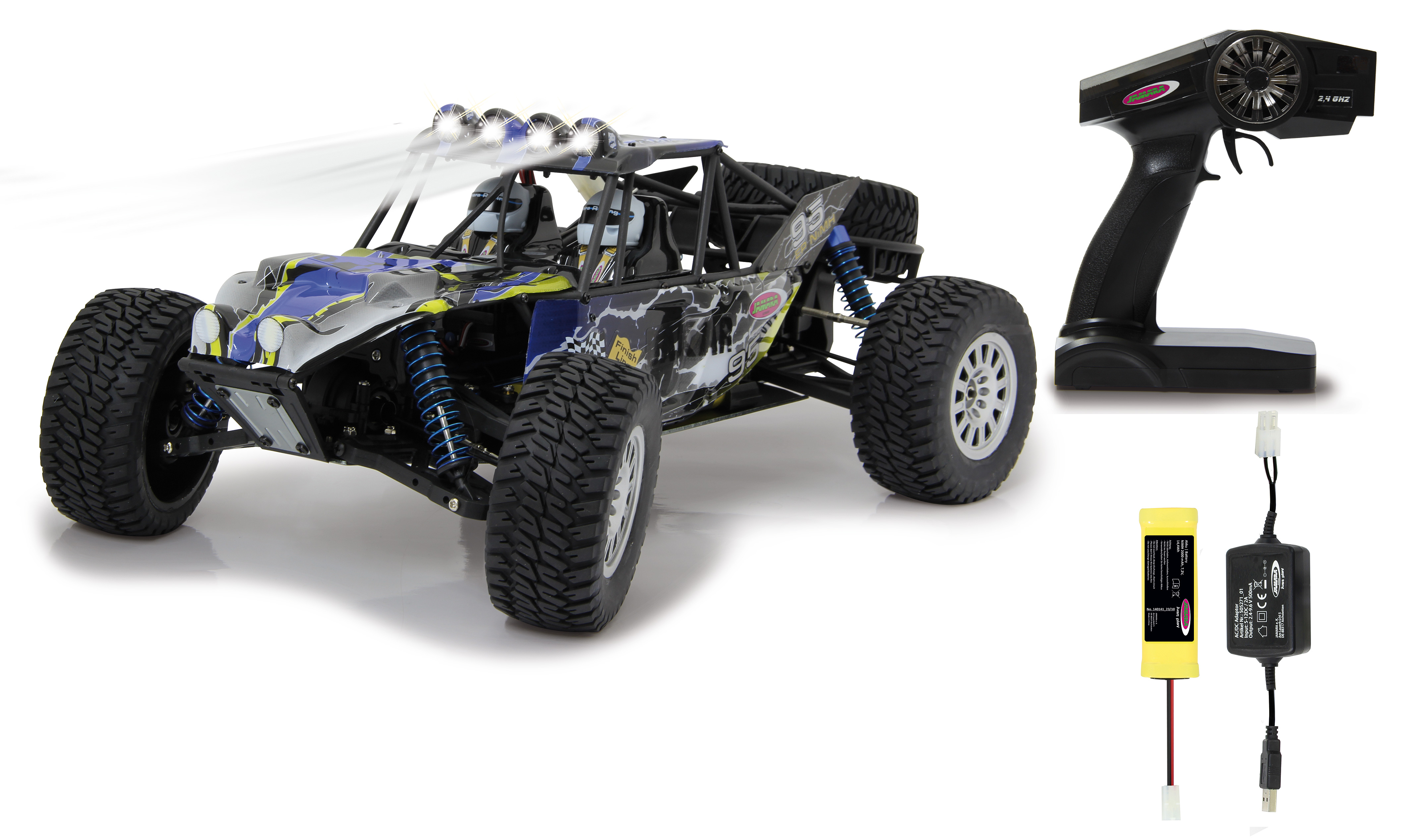 Ein ferngesteuerter Buggy mit Fernbedienung, Akku und Ladegerät.