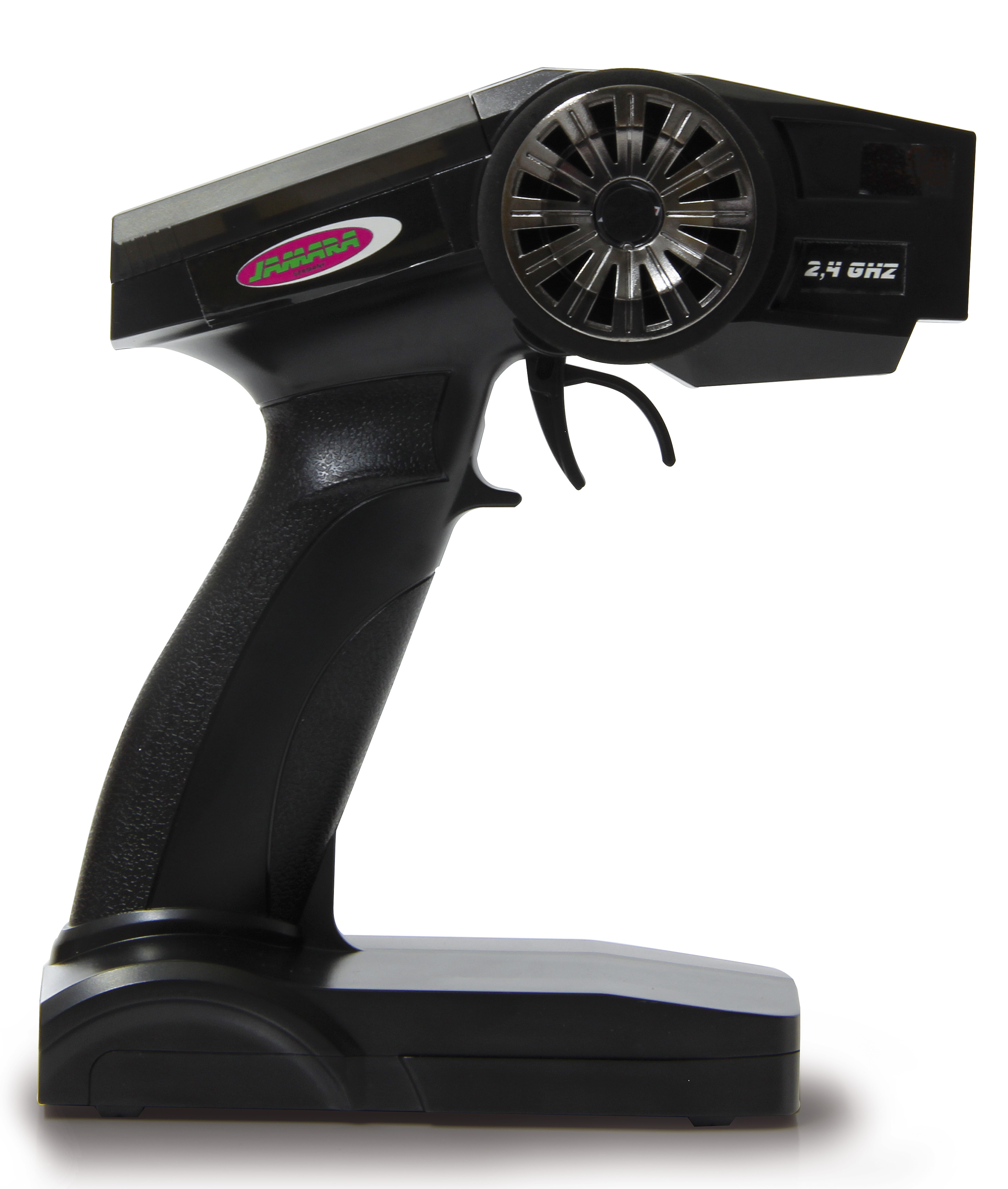 Schwarzer RC-Sender mit Rad, Abzug und einem Jamara-Logo.