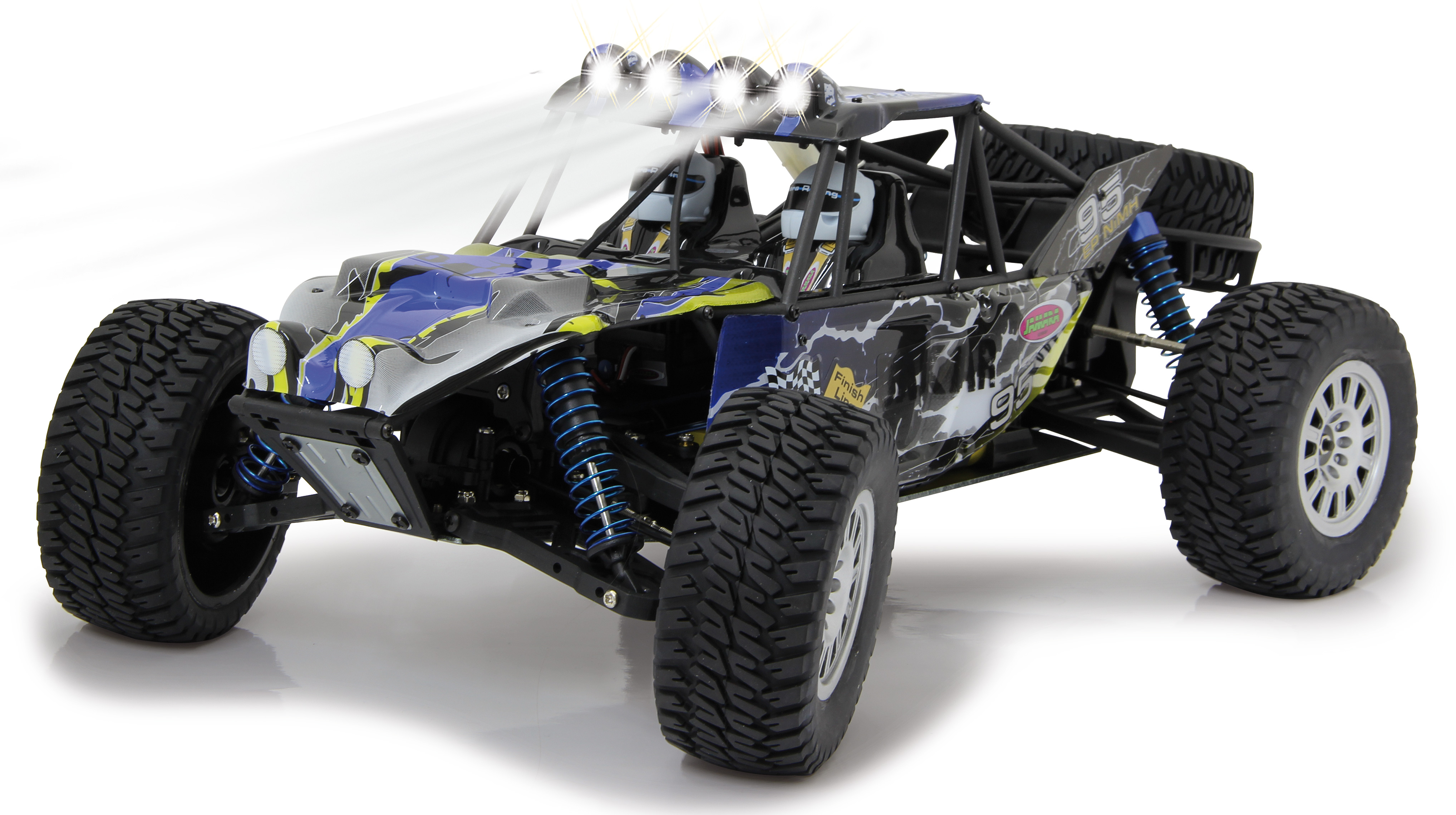 Ein blauer und silberner RC-Buggy mit hellen Scheinwerfern und großen Reifen.
