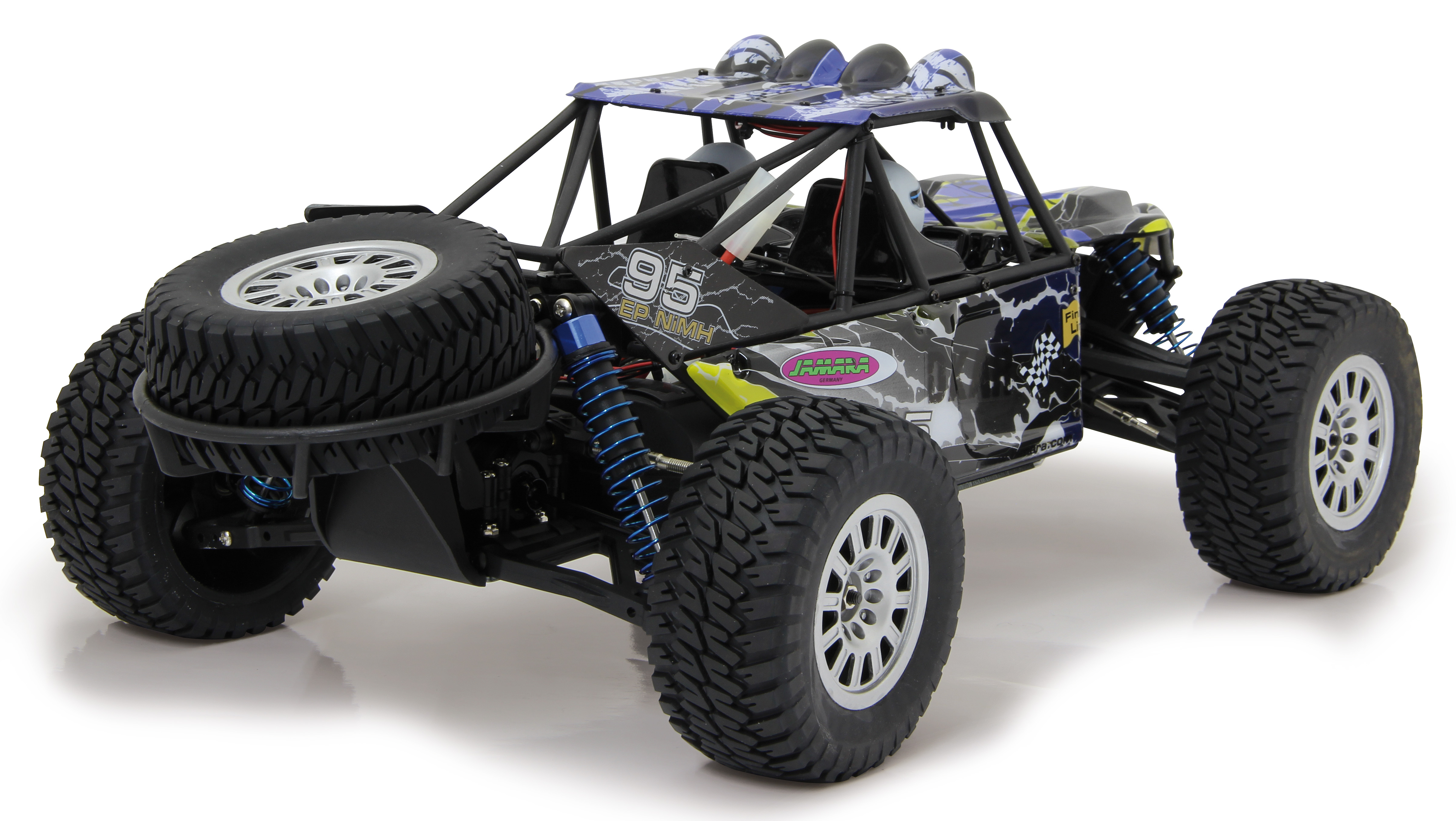 Ein blau-schwarzes RC-Buggy mit großen Reifen und silbernen Felgen.