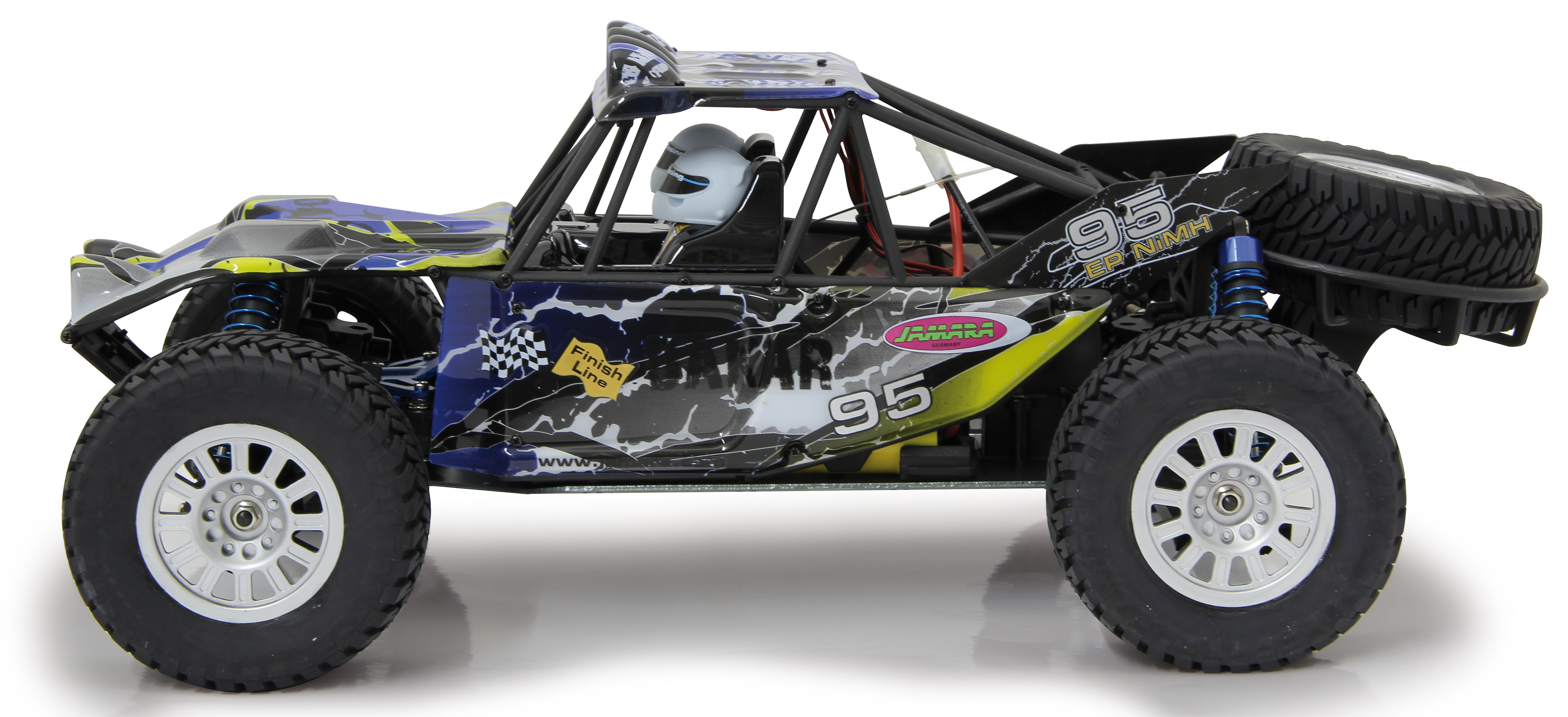 Ein ferngesteuertes Buggy-Spielzeugauto mit blau-schwarzem Design und Nummer 95.
