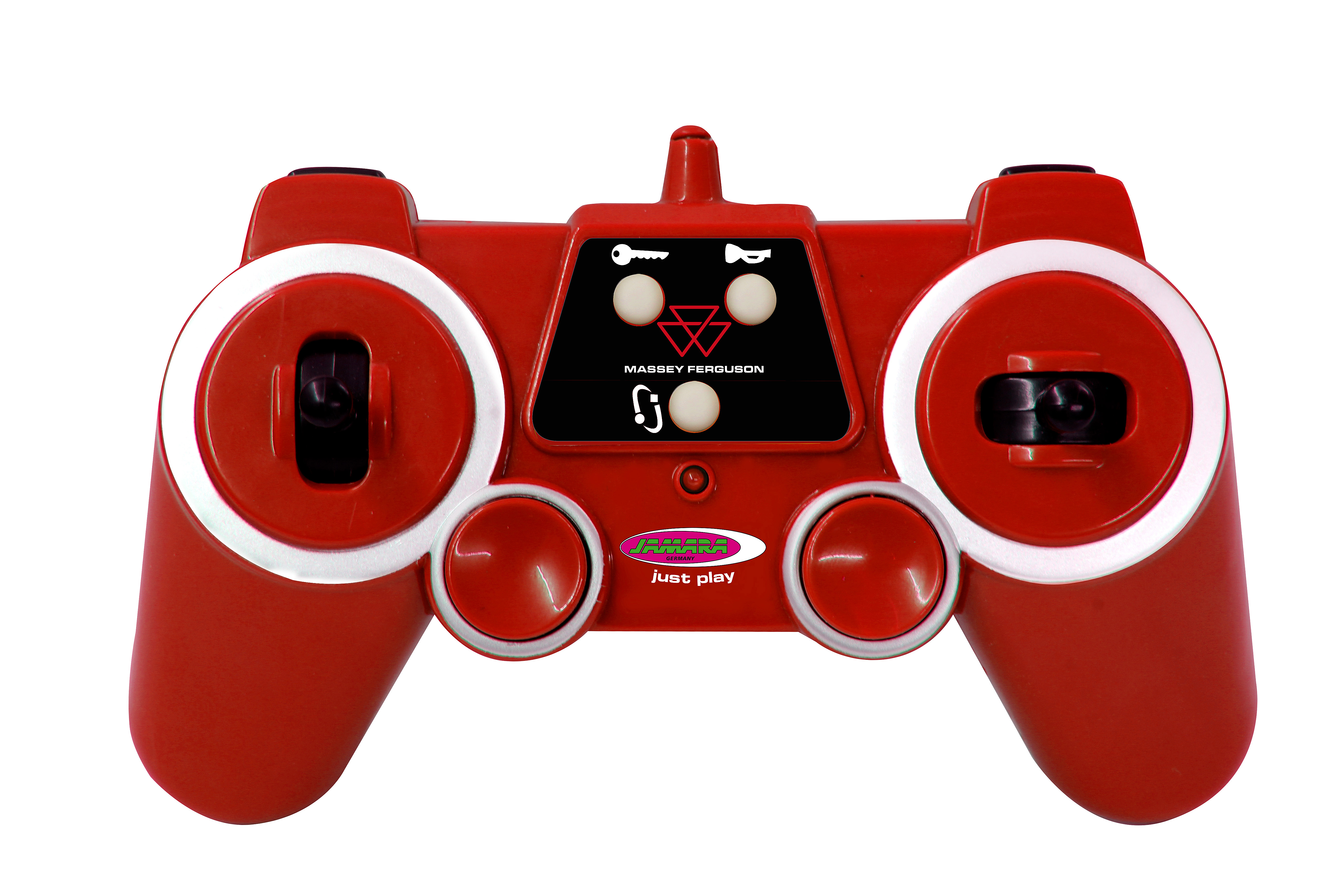 Rote Fernbedienung mit zwei Joysticks, Tasten und Massey Ferguson-Logo.