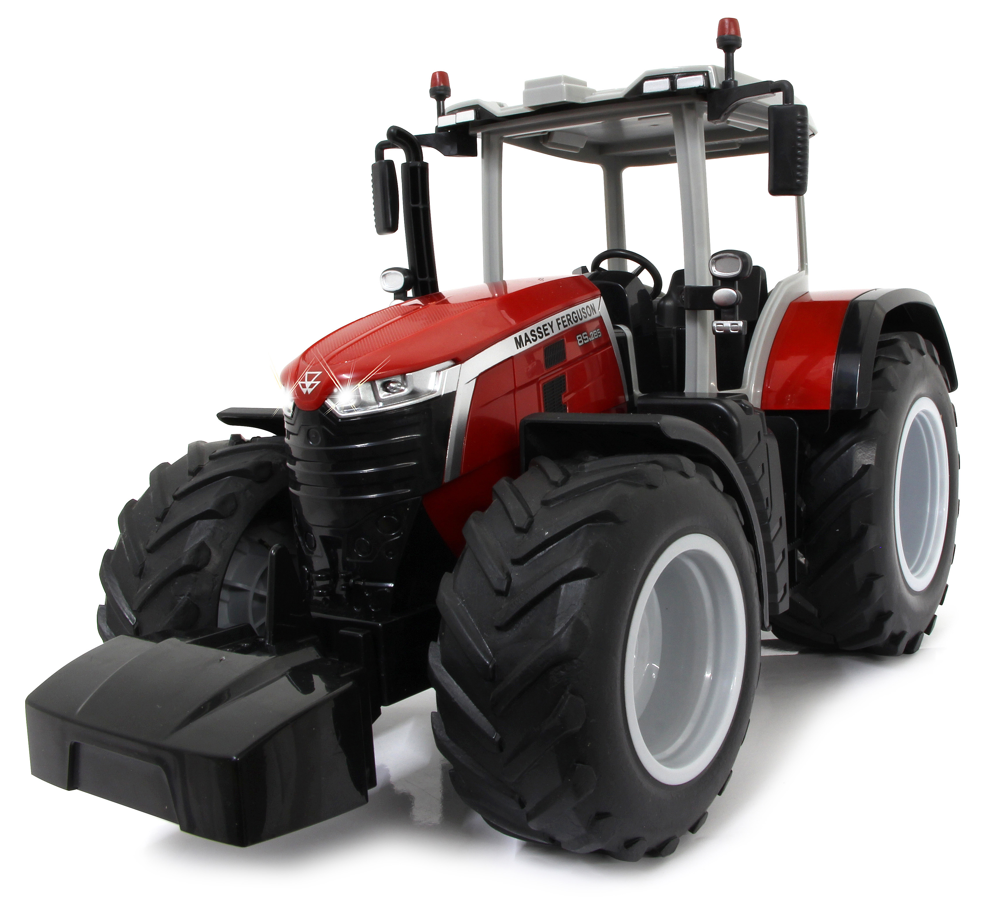 Ein roter Spielzeugtraktor mit großen Reifen und Scheinwerfern.
