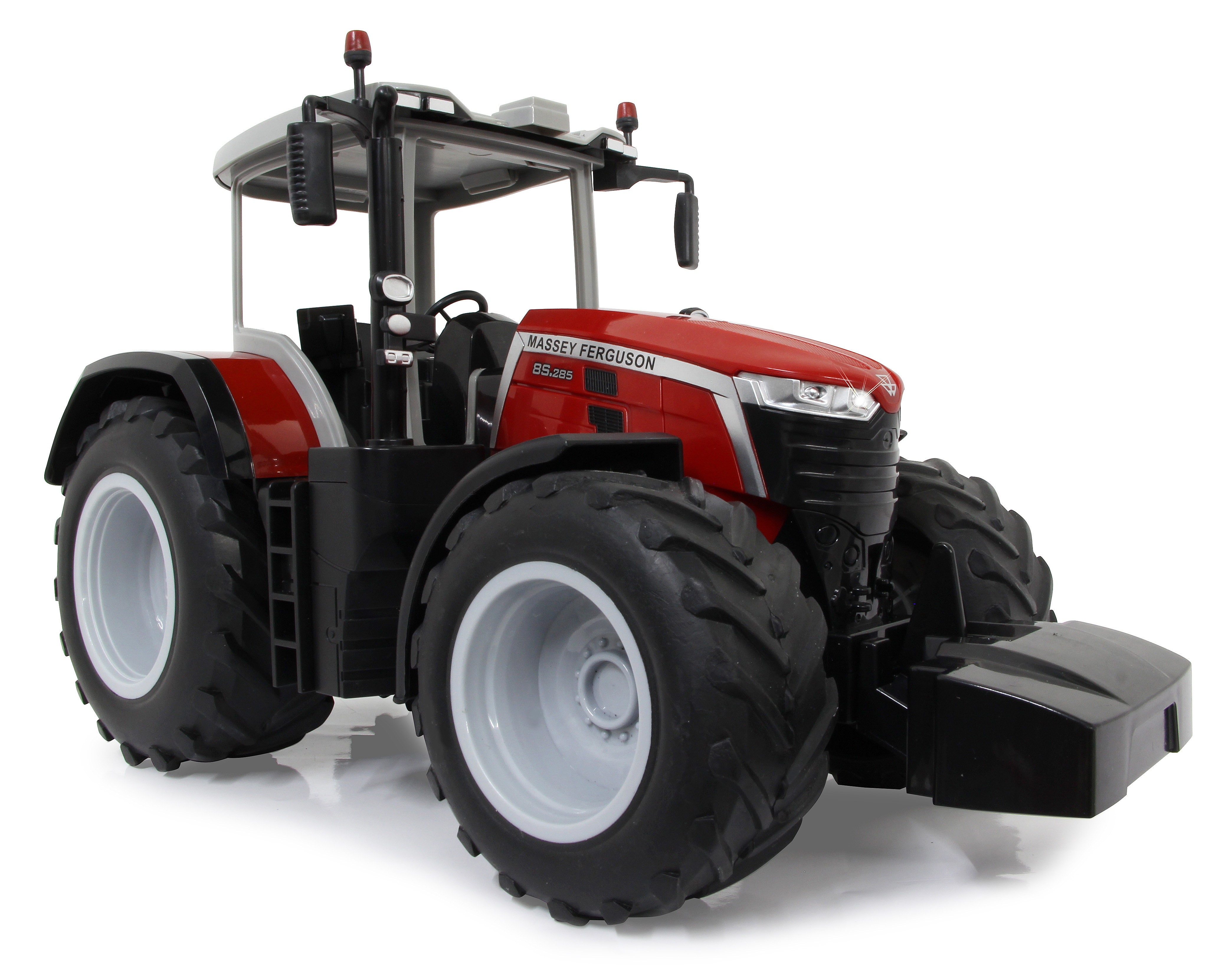 Ein roter Massey Ferguson Spielzeugtraktor mit schwarzen Details und großen Reifen.