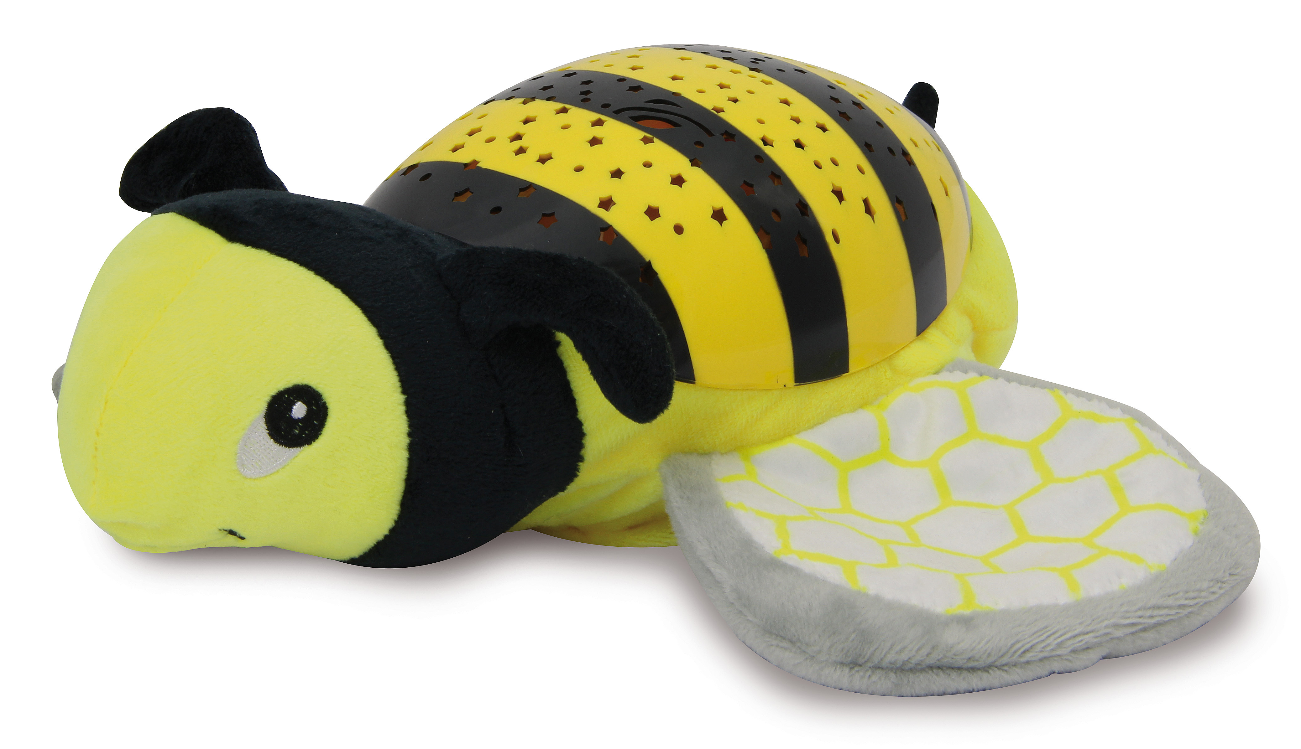 Ein gelber Plüsch-Nachtlichtprojektor in Bienenform mit schwarzen Streifen und Sternen.