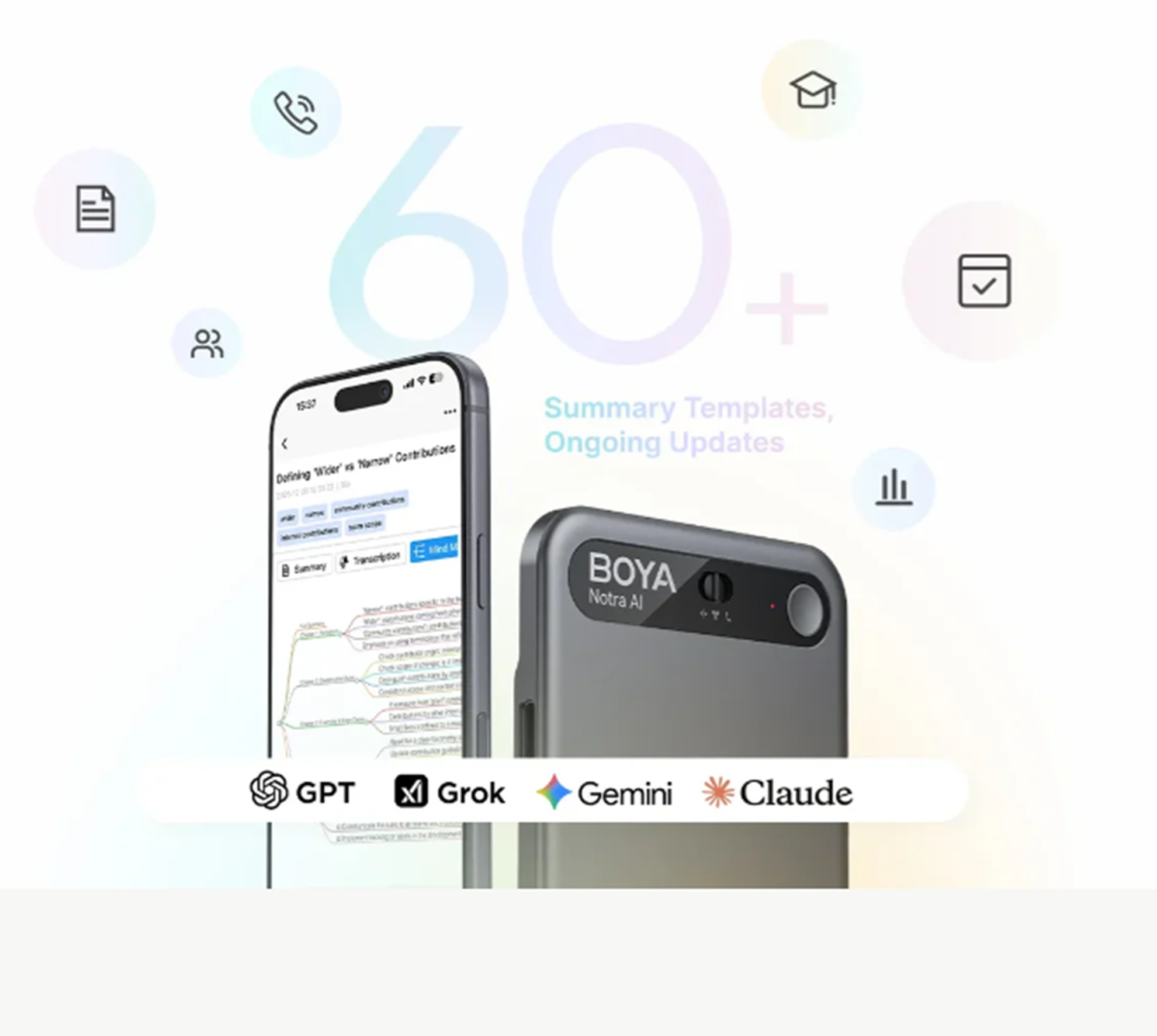 Un smartphone y un dispositivo con logos de IA: GPT, Grok, Gemini, Claude.