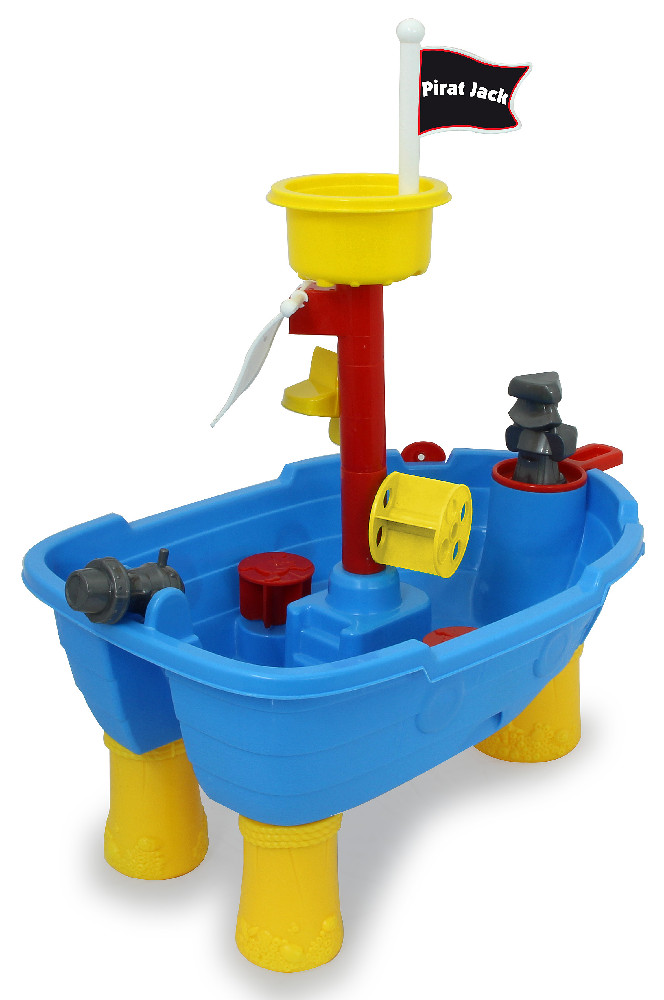 Ein blaues Spielzeugboot mit gelben Stützen und einem roten Mast mit gelben und grauen Zubehörteilen.