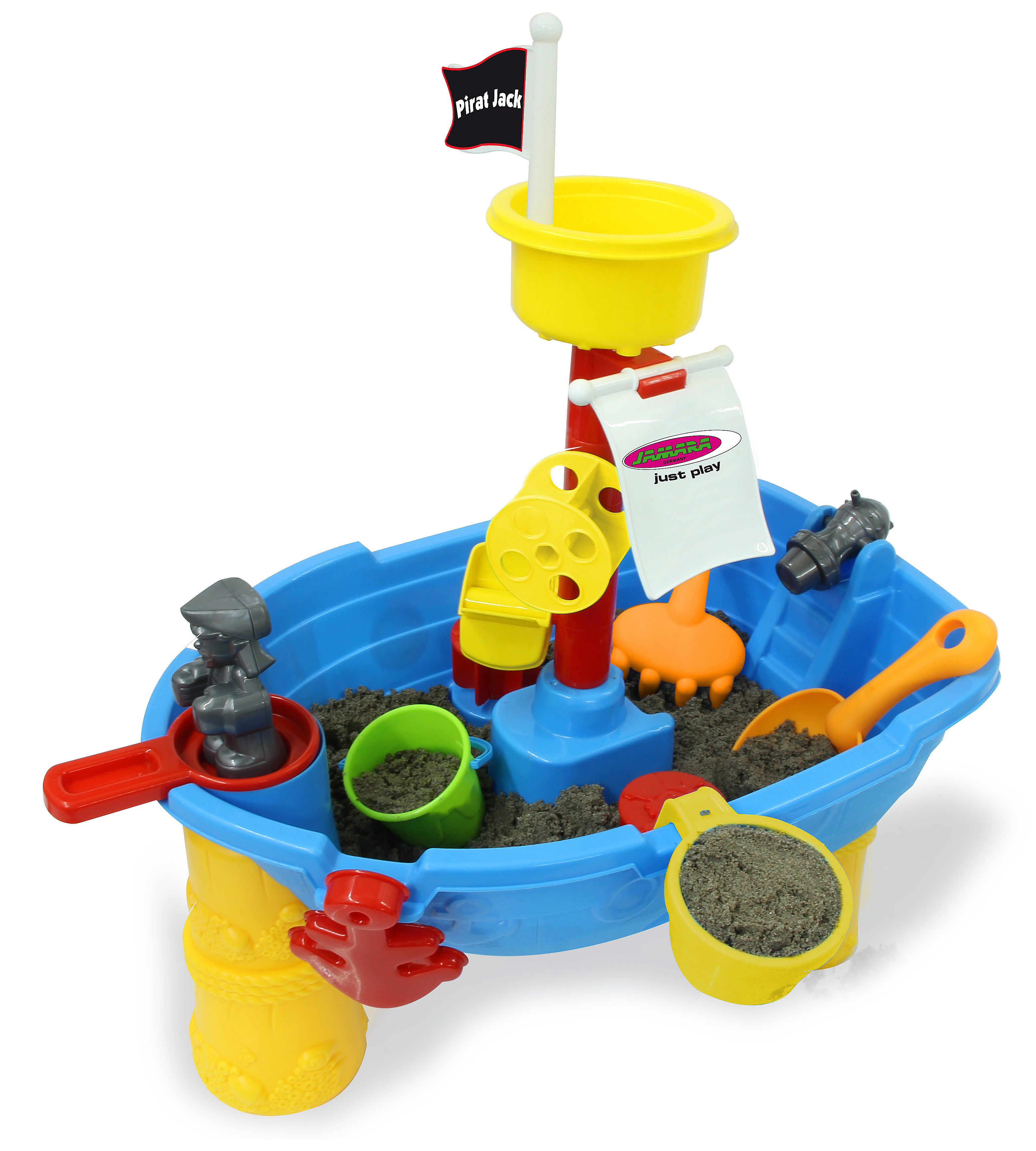 Ein blau-gelbes Sandkastenspielzeug-Set mit Piratenflagge und verschiedenen Sandspielzeugen.