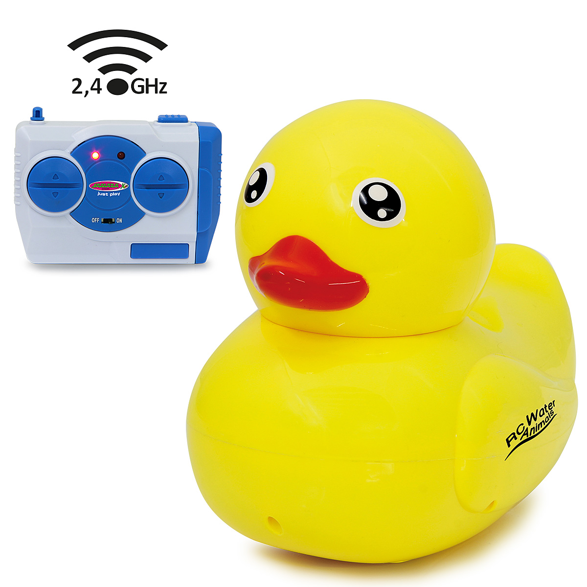 Ein gelbes ferngesteuertes Entenspielzeug mit einem weißen und blauen Controller.