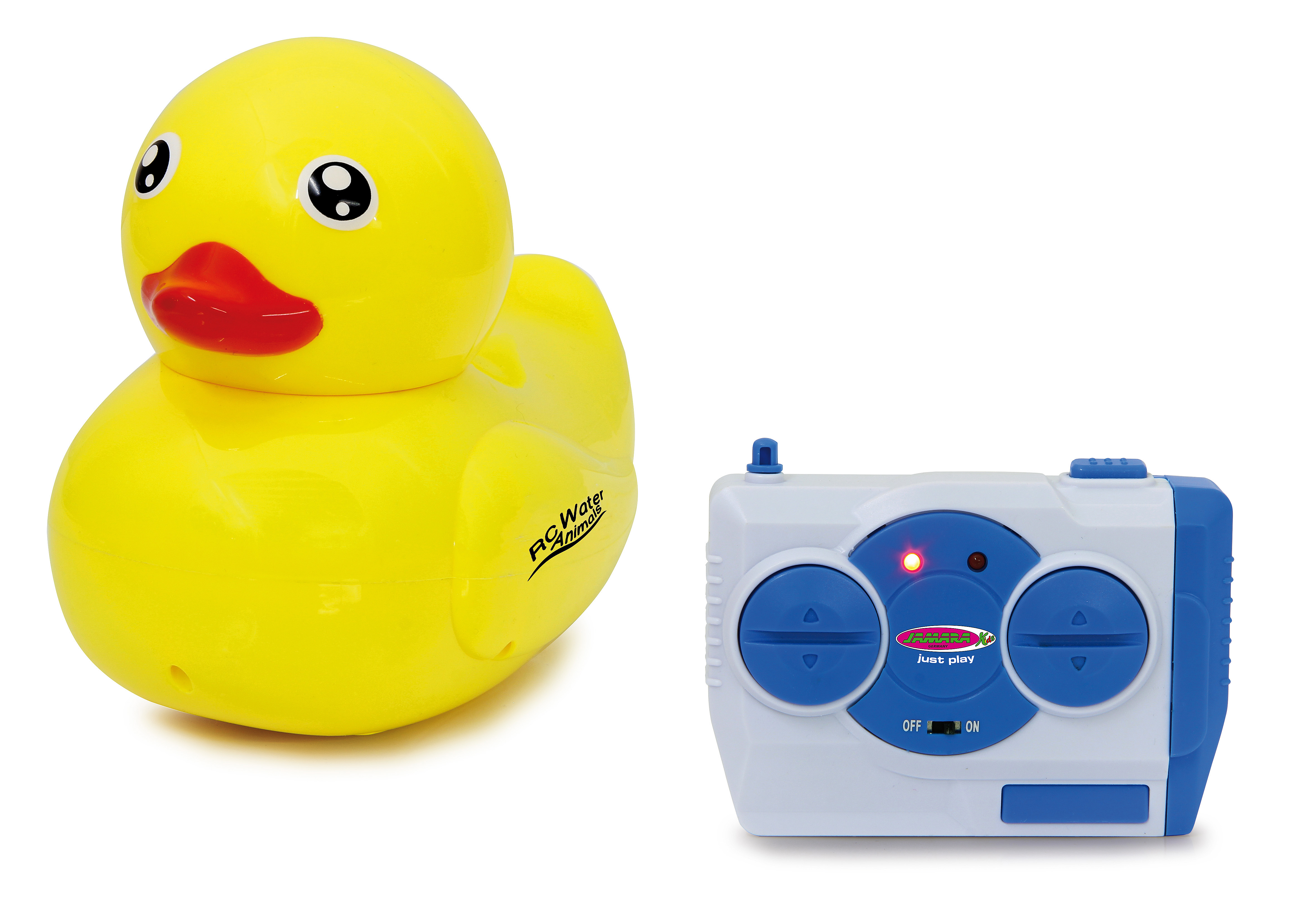 Eine gelbe RC-Ente mit einem weißen und blauen Controller mit Joysticks.