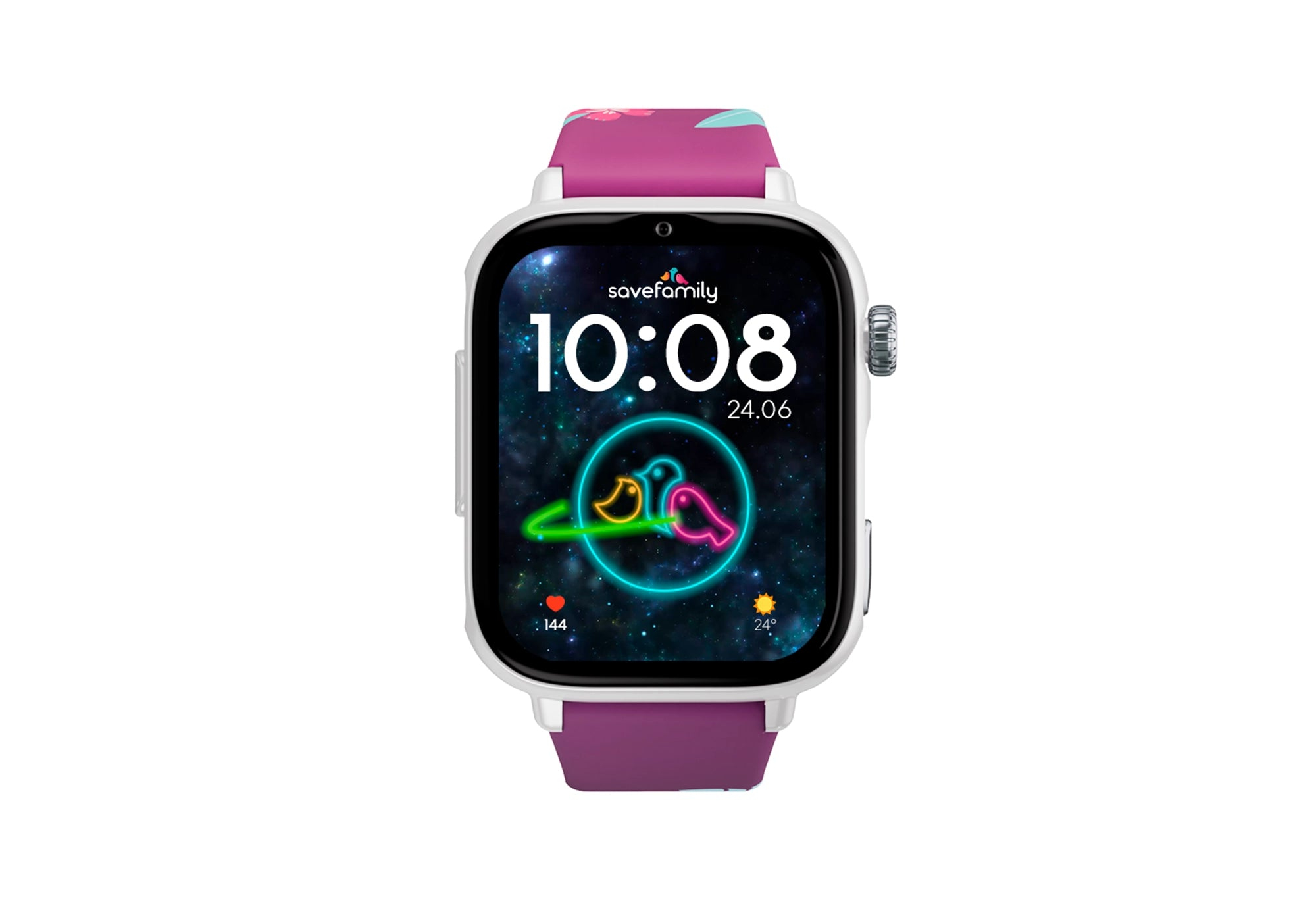 Uno smartwatch bianco con cinturino viola e display a tema spaziale con uccelli.