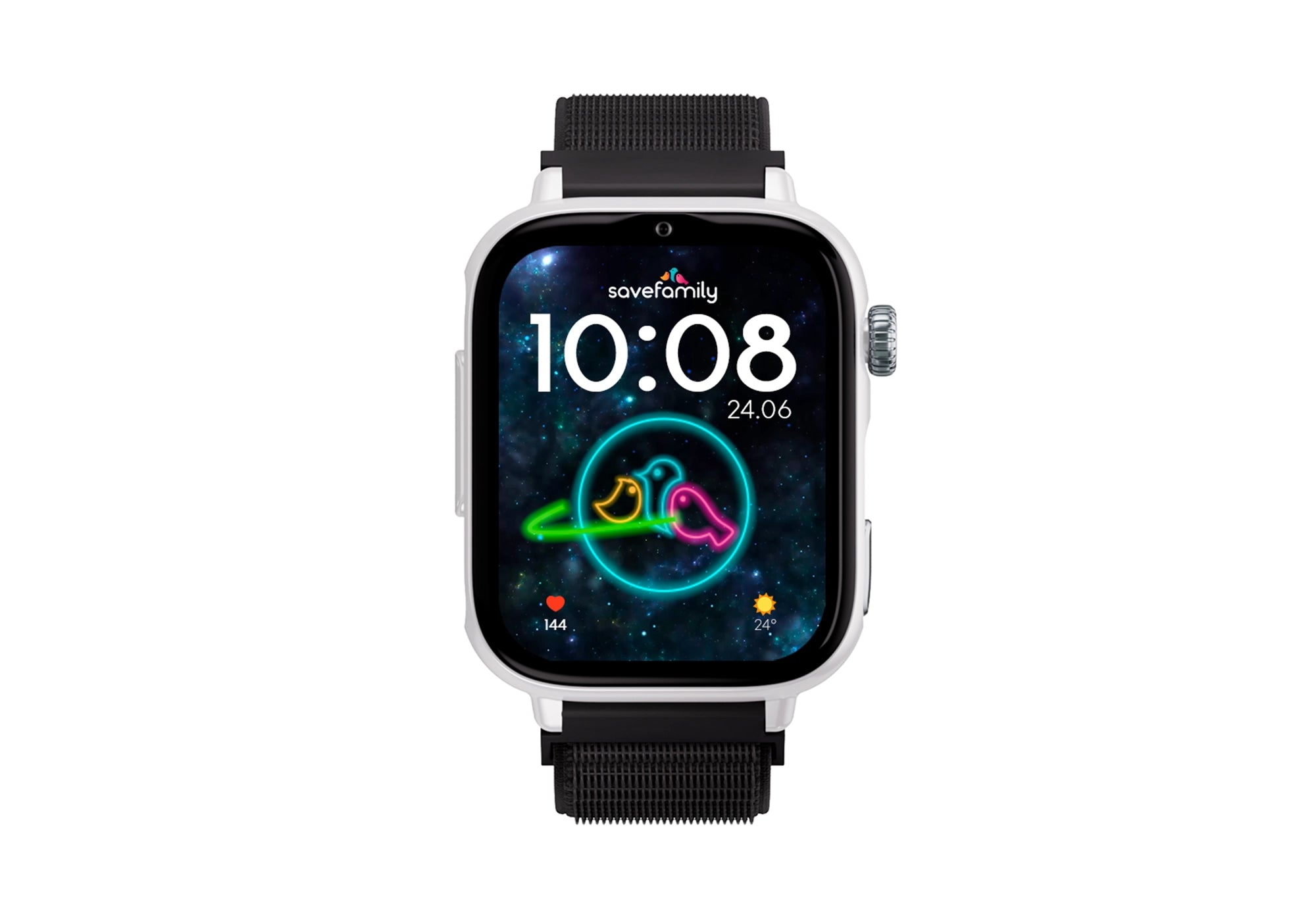 Uno smartwatch bianco con cinturino nero mostra le 10:08 e uno schermo a tema spaziale.