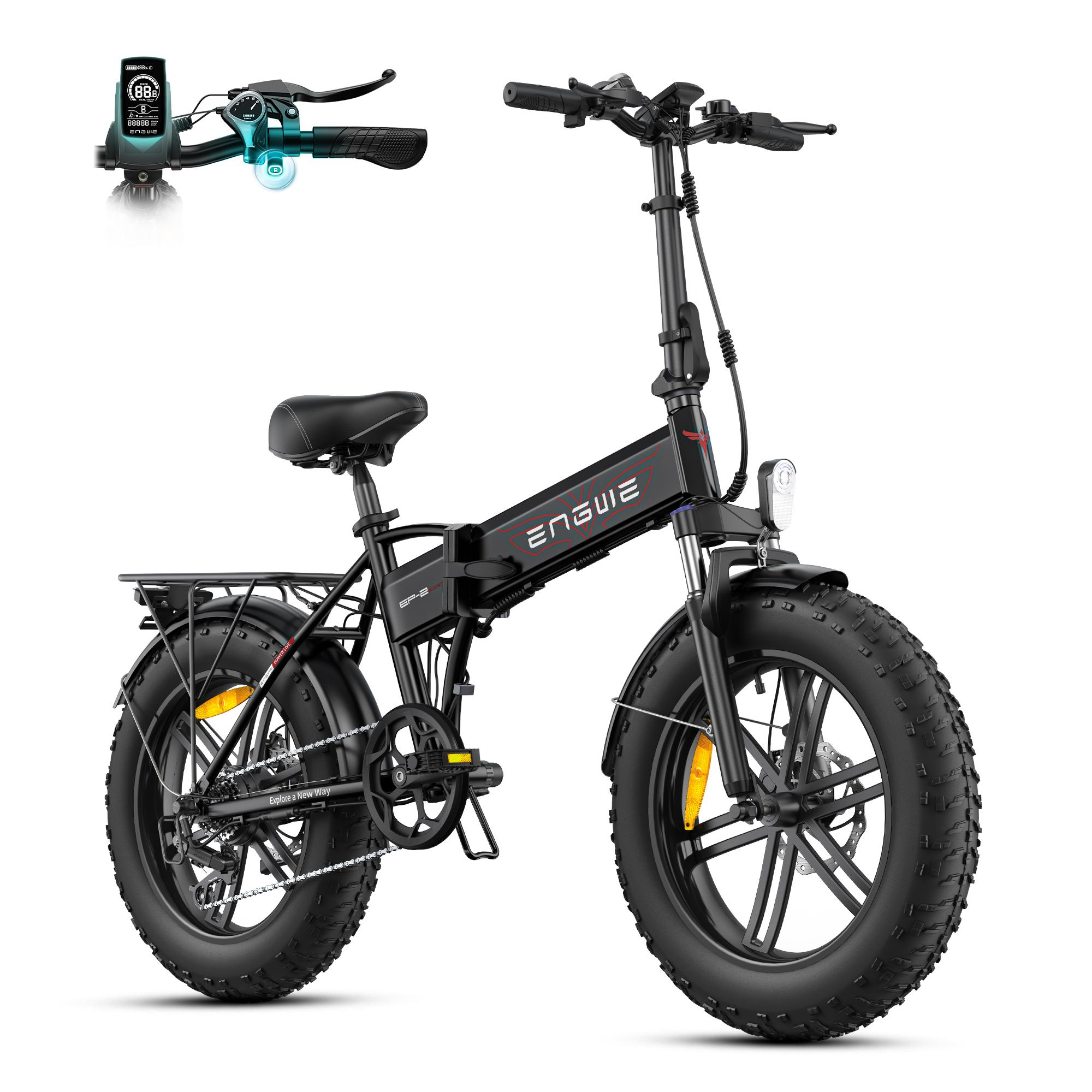Una bicicleta eléctrica plegable negra con llantas anchas, portaequipajes y pantalla.