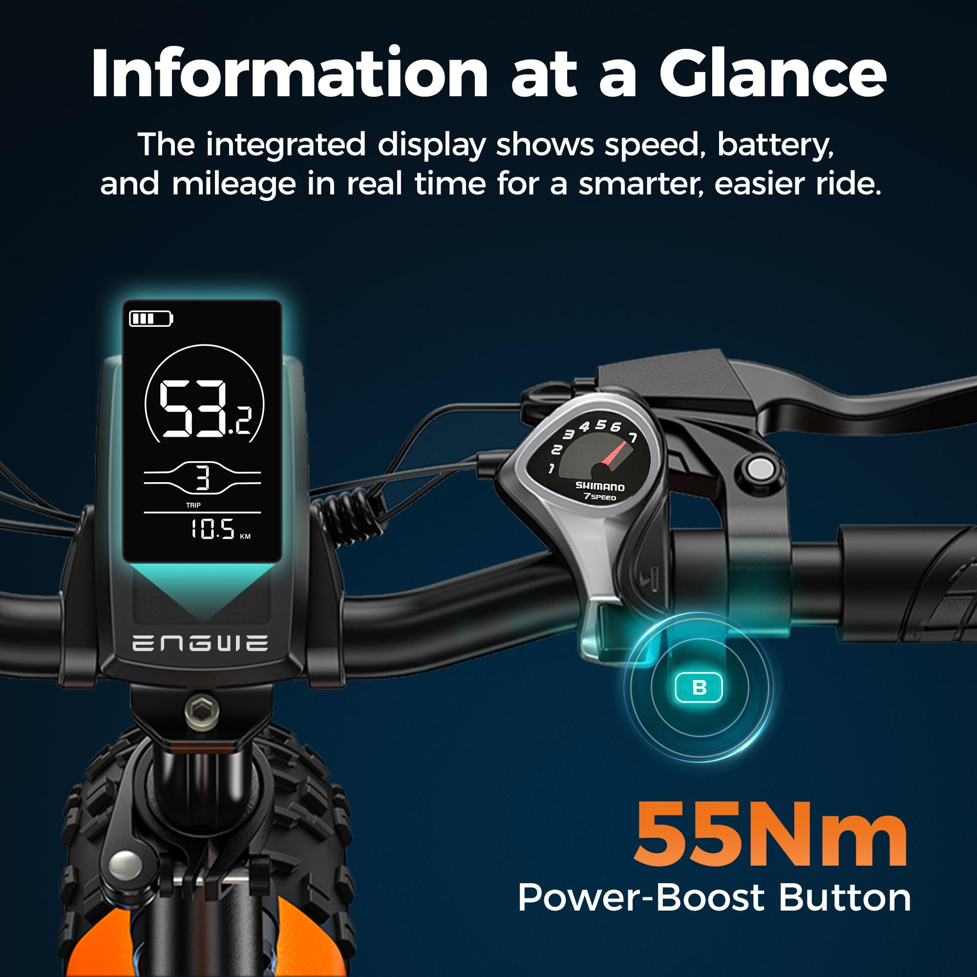 Manillar de bicicleta con pantalla (53,2 km/h, 3 marchas, 10,5 km) y palanca.