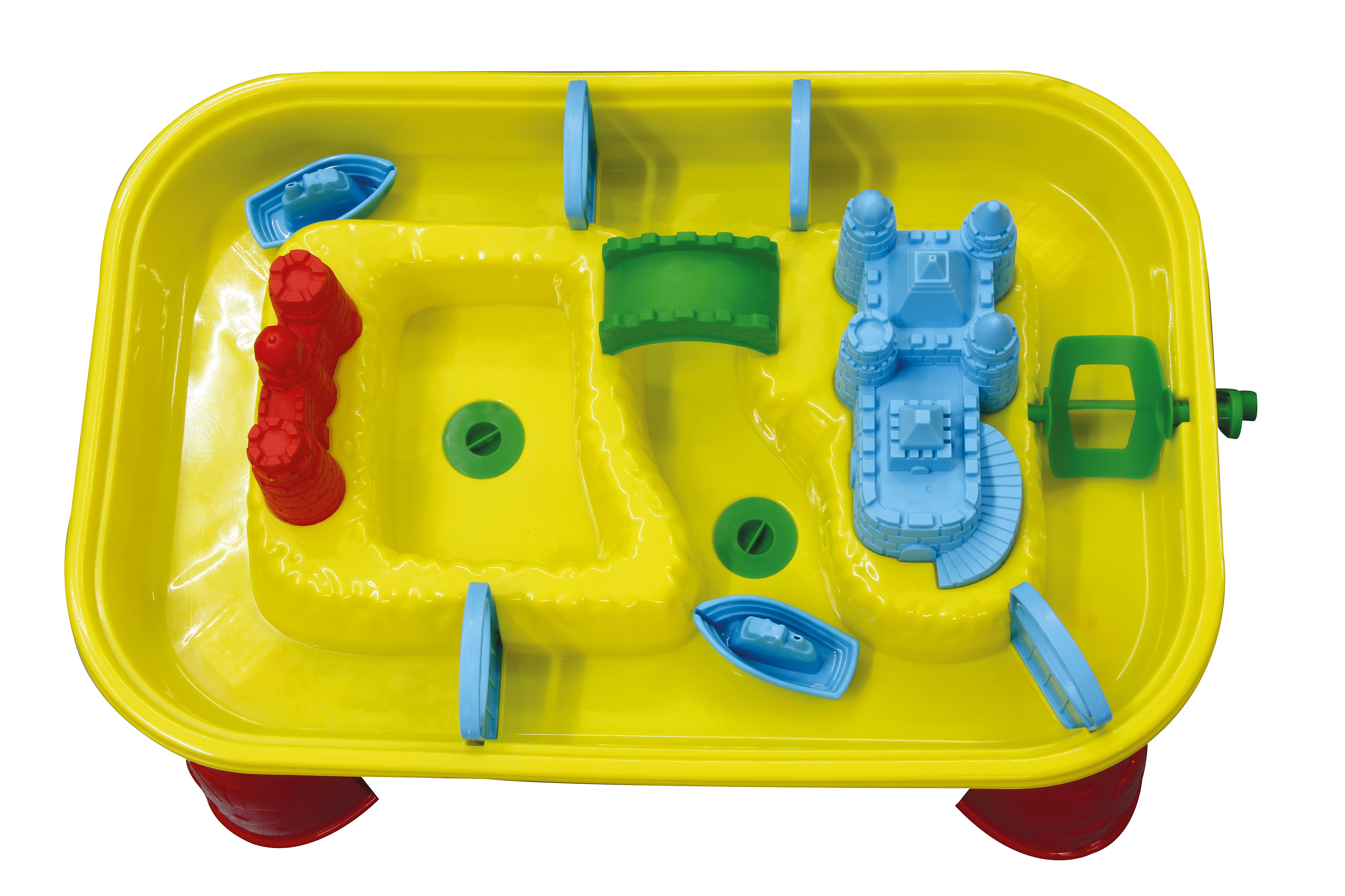 Gelbes Spielzeug-Wasserrad mit blauen und roten Burgen und Booten.