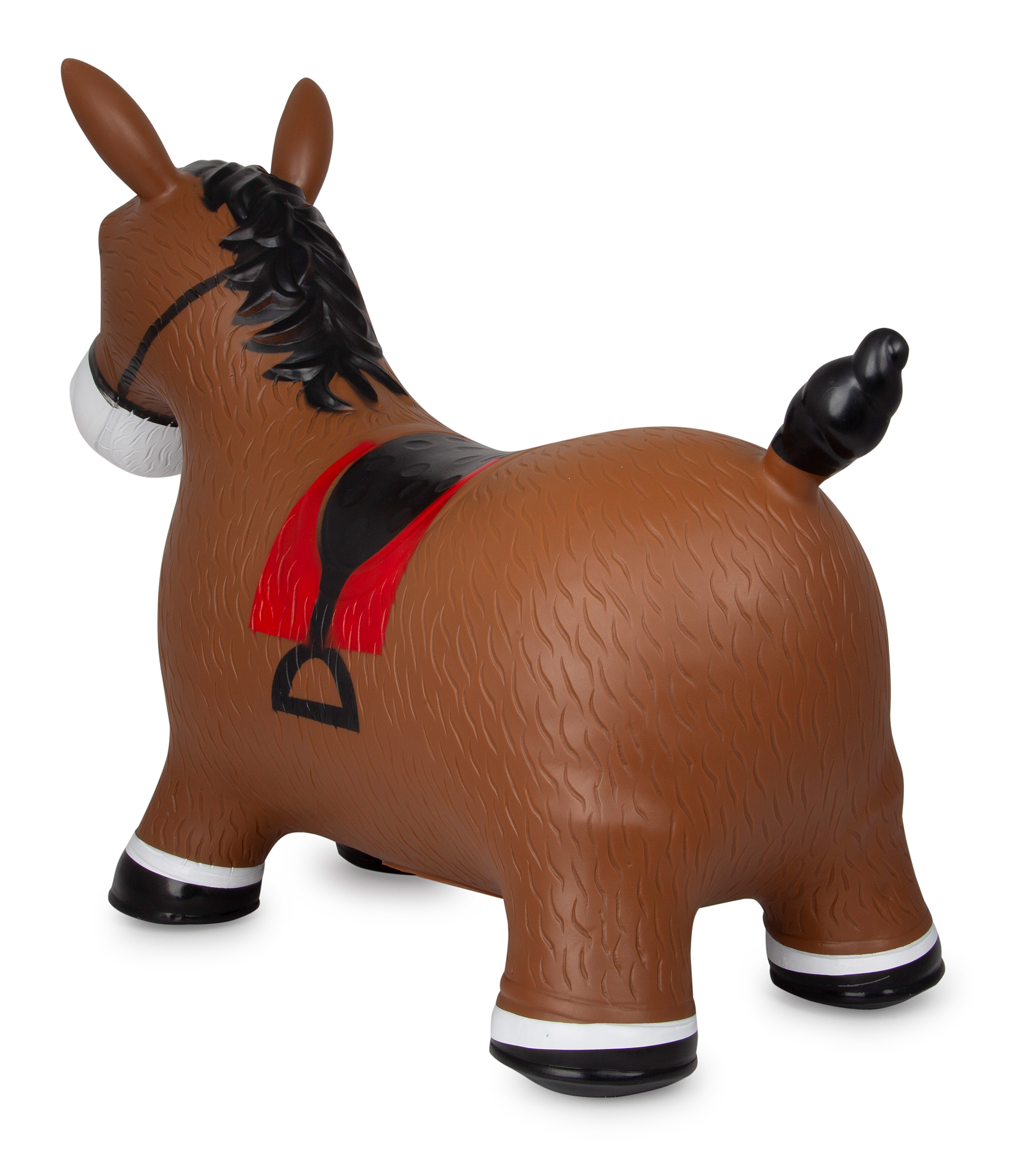 Un cavallo gonfiabile marrone con criniera nera e sella rossa.