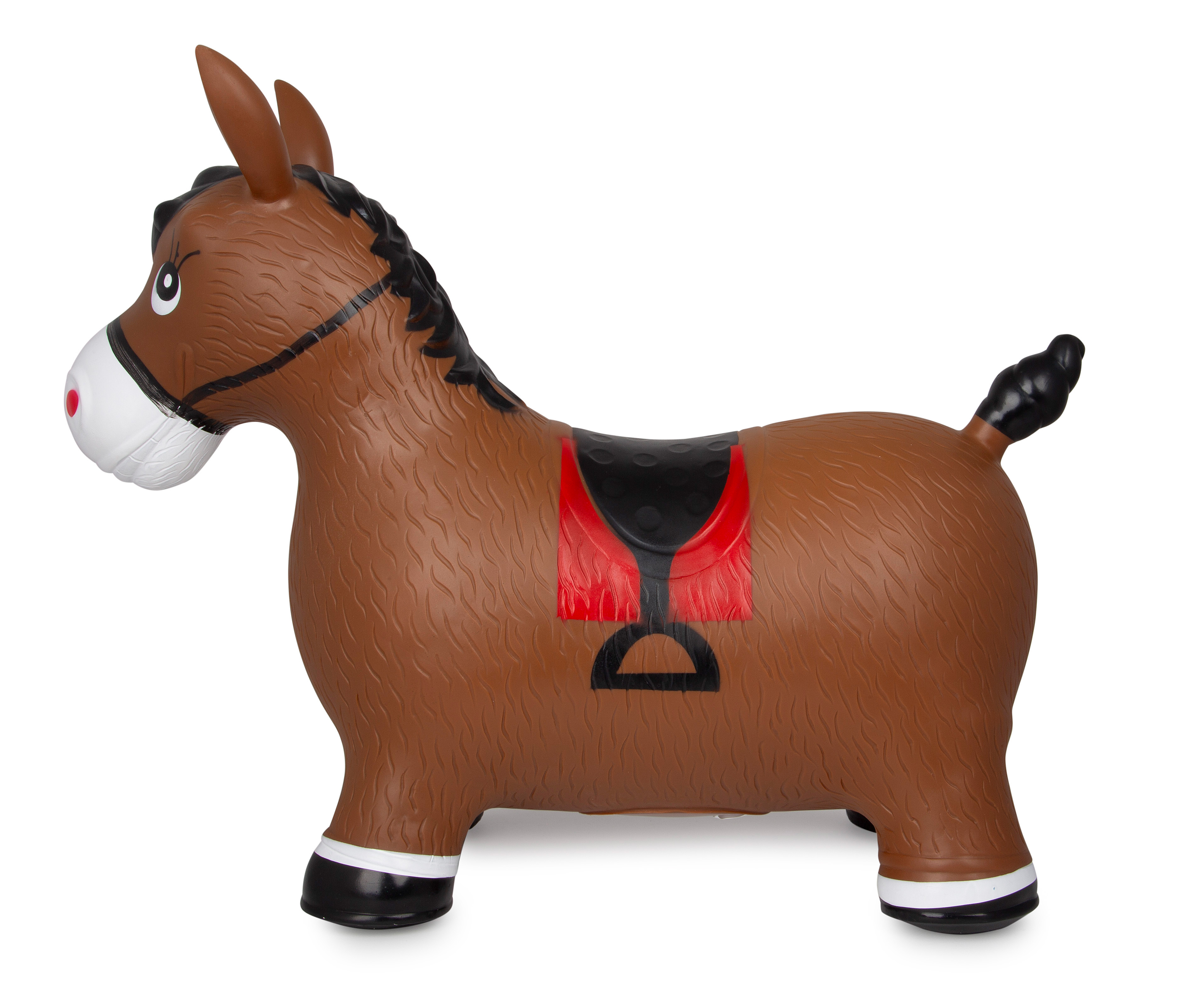 Un cavallo gonfiabile marrone con criniera nera, sella rossa e strisce bianche sugli zoccoli.