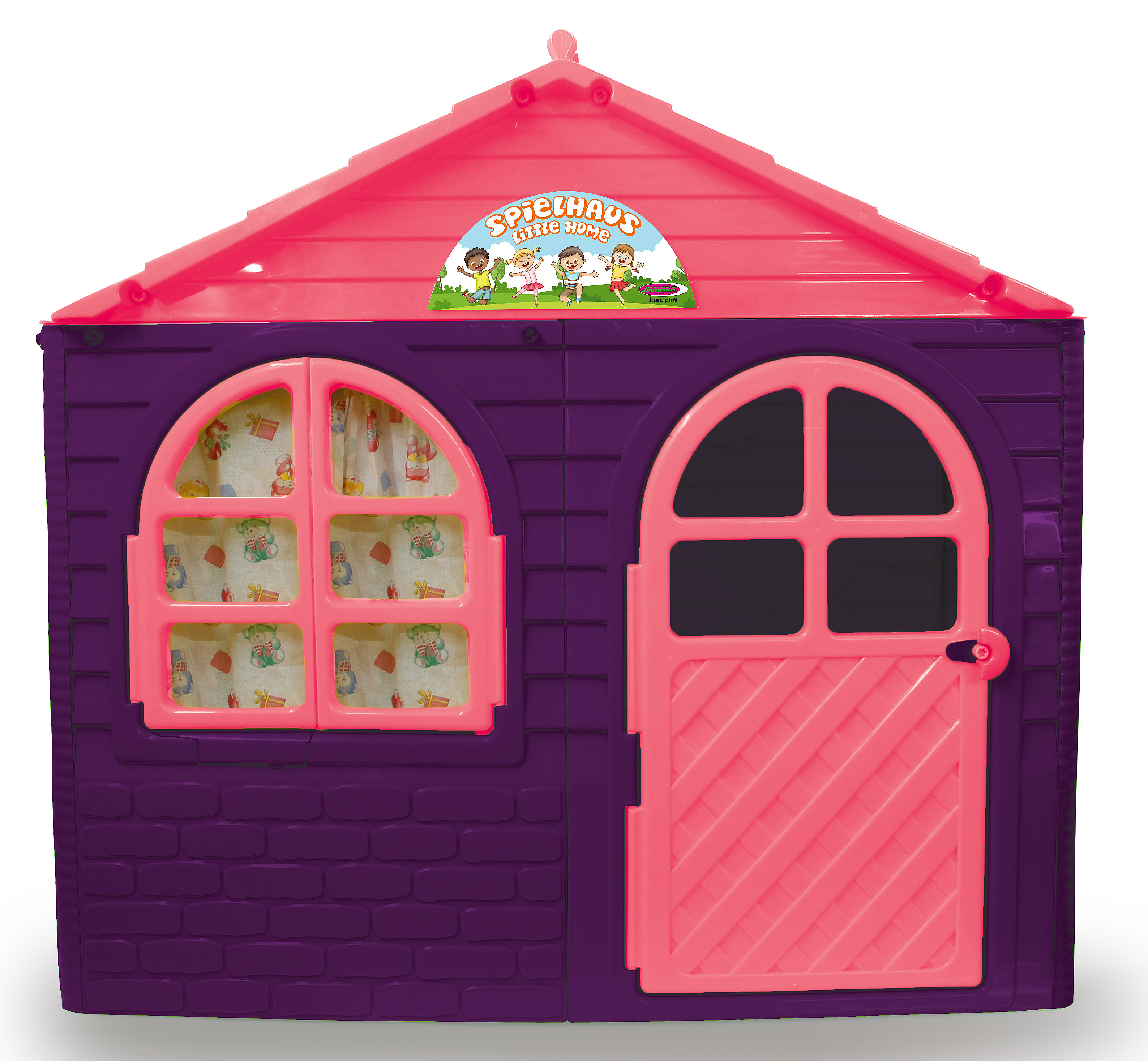 Ein violets Spielhaus mit pinkem Dach, Fenster und Tür. Dekoriert mit Kindern.