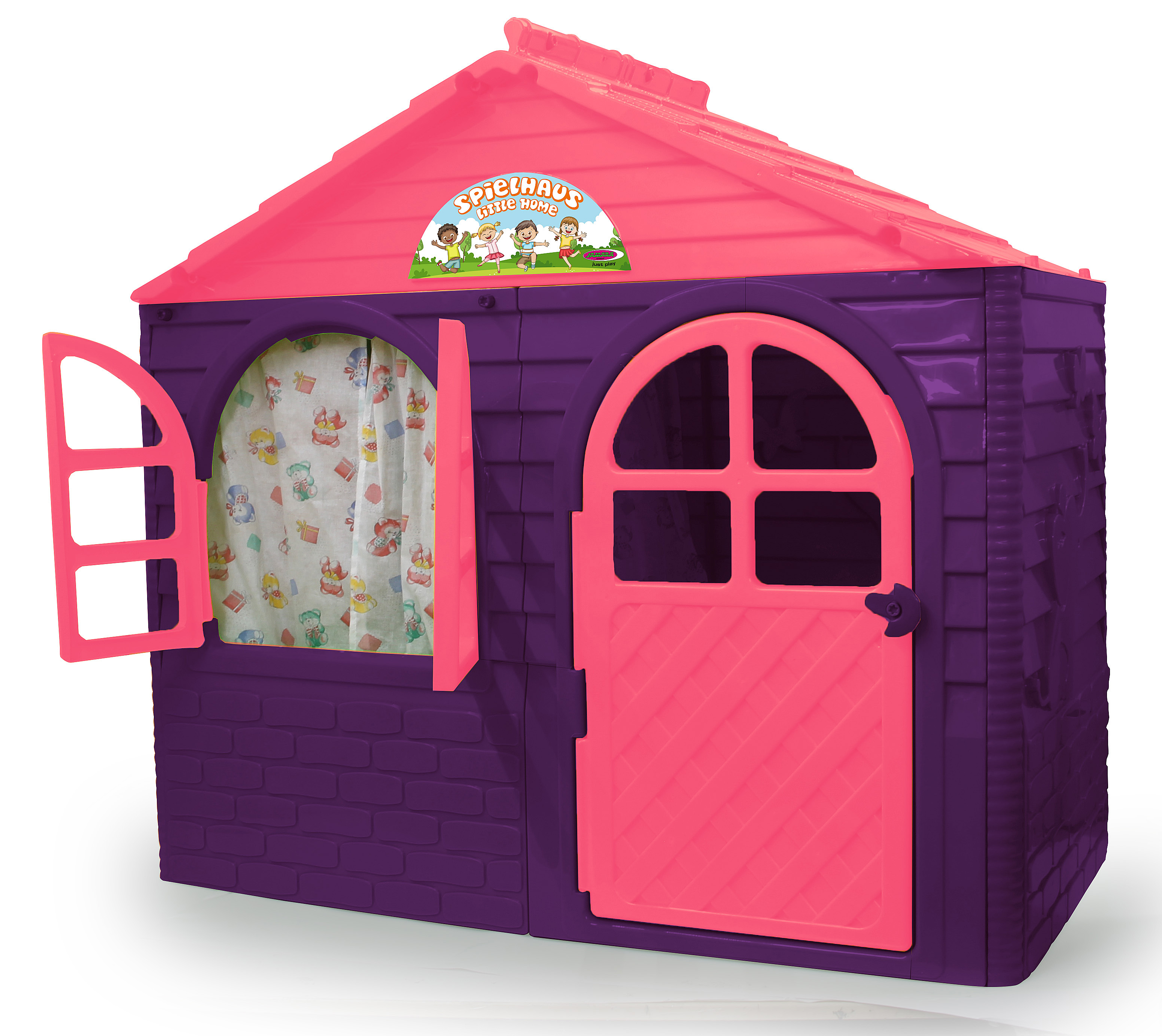 Lila Spielhaus mit pinkem Dach, Tür und Fenster. Spielzeugbären-Muster auf Vorhängen.