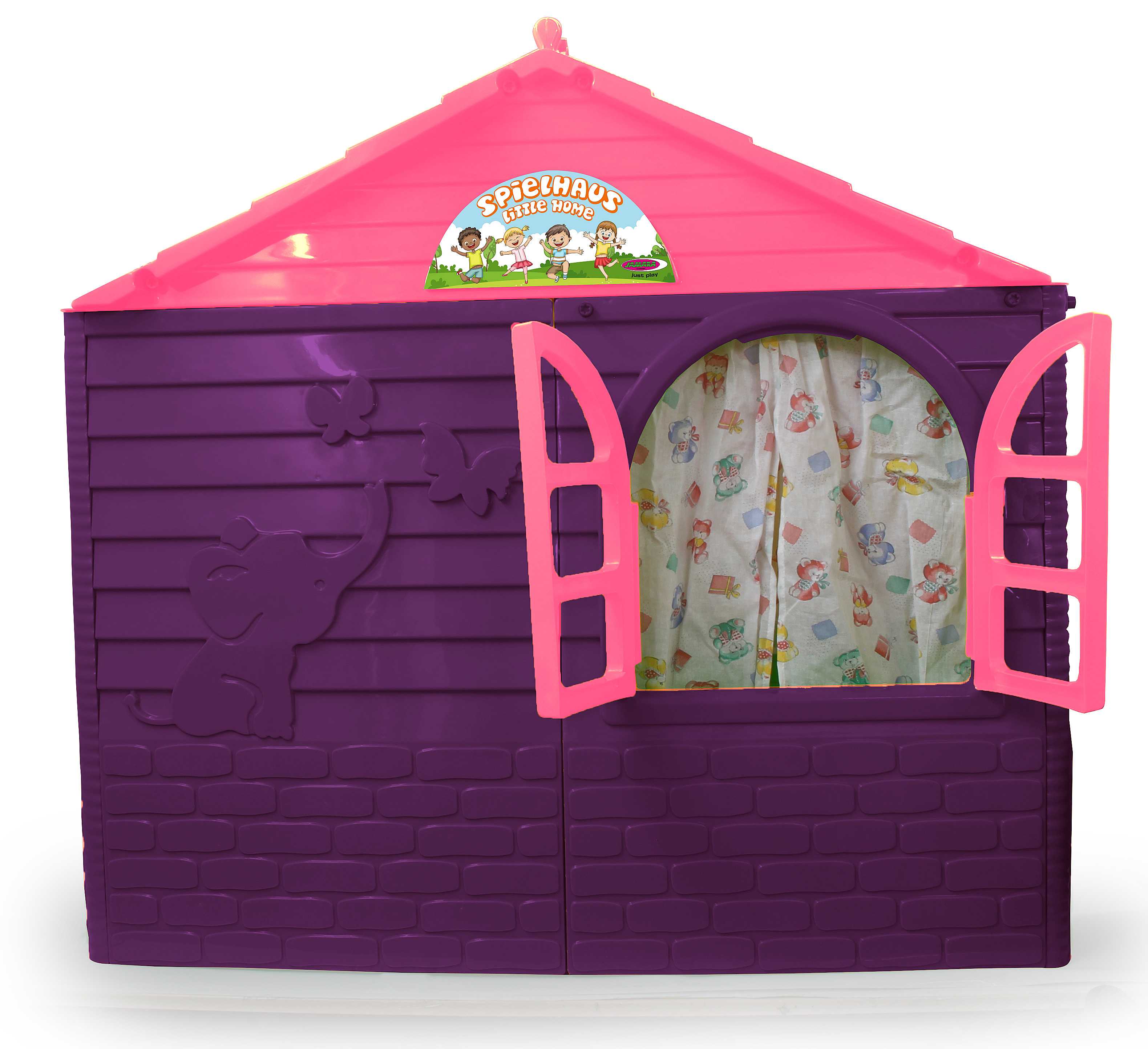 Ein violettes Spielhaus mit pinkem Dach und Fensterläden. Ein Elefant und Schmetterlinge sind abgebildet.