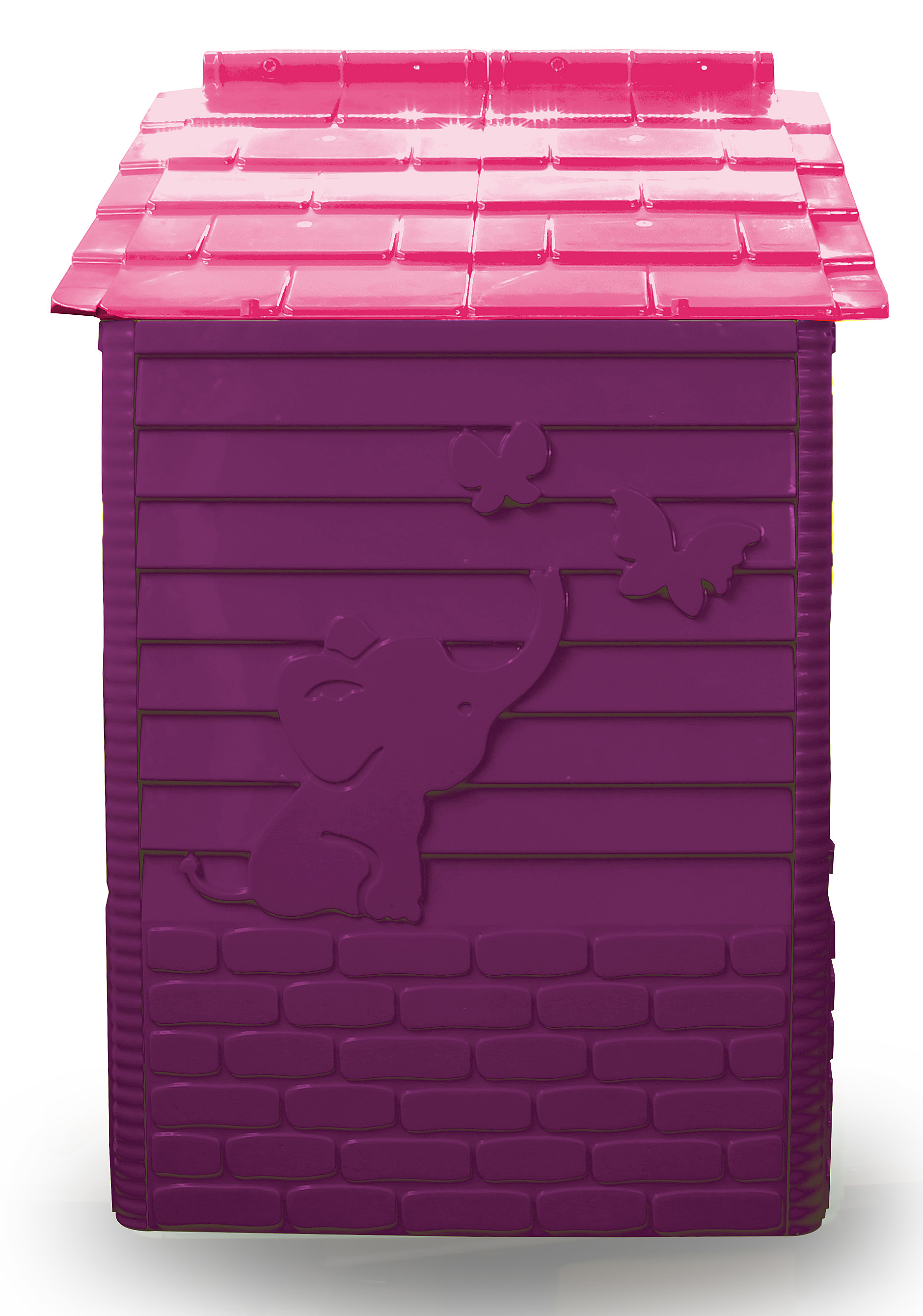 Ein lila Spielhaus mit rosa Dach, Elefanten- und Schmetterlingsmotiv.