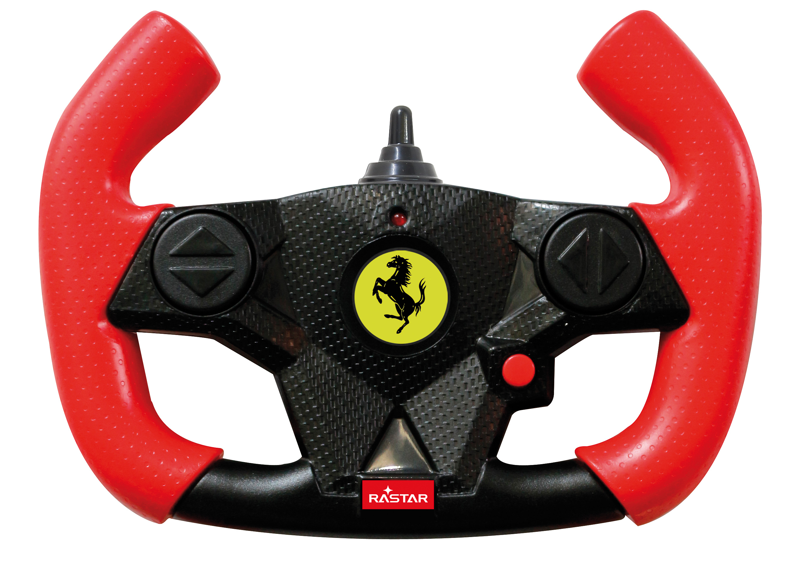 Ein rotes und schwarzes ferngesteuertes Lenkrad mit Ferrari-Logo.