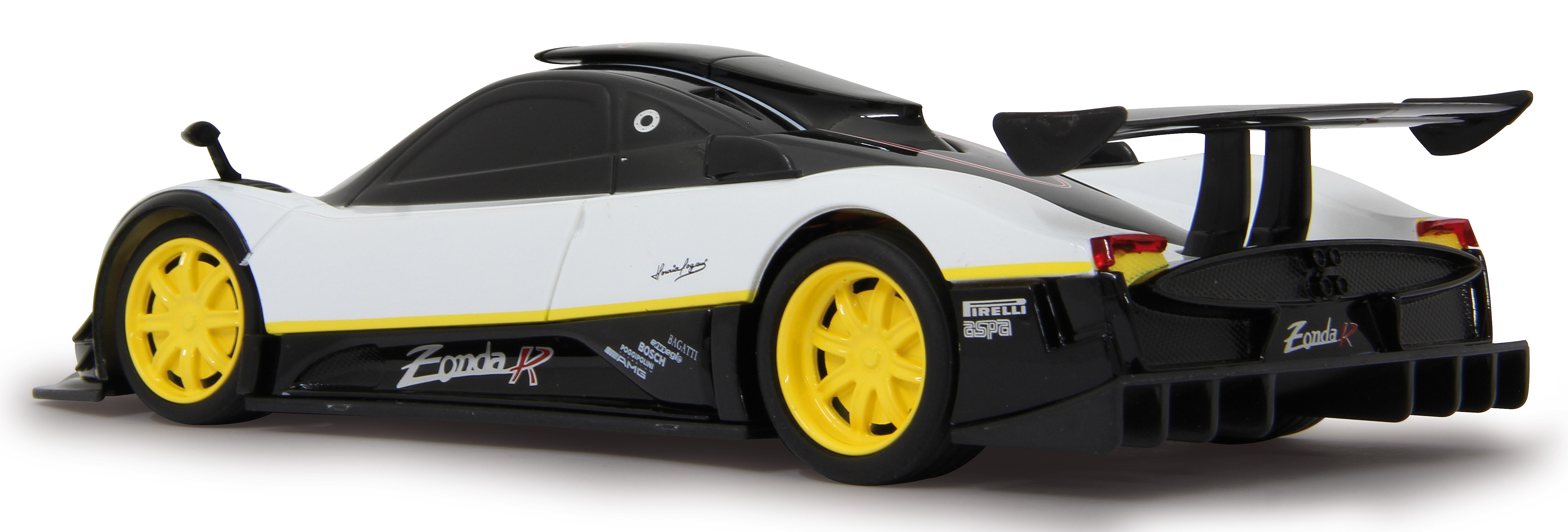 Weißer Supersportwagen mit gelben Felgen, schwarzem Heckflügel und Zonda R-Aufschrift.
