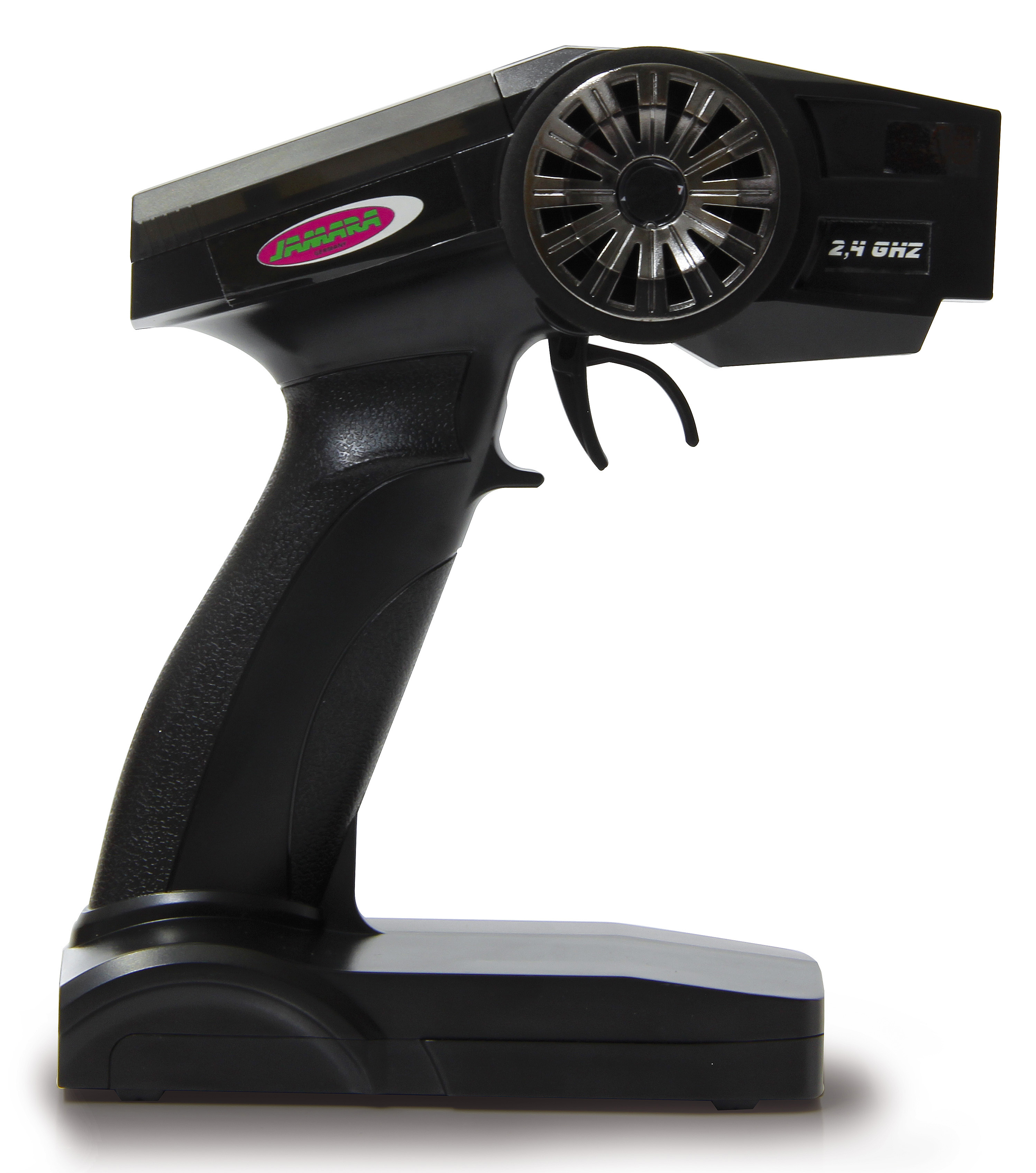 Schwarzer RC-Sender mit Rad und Auslöser, 2,4 GHz.