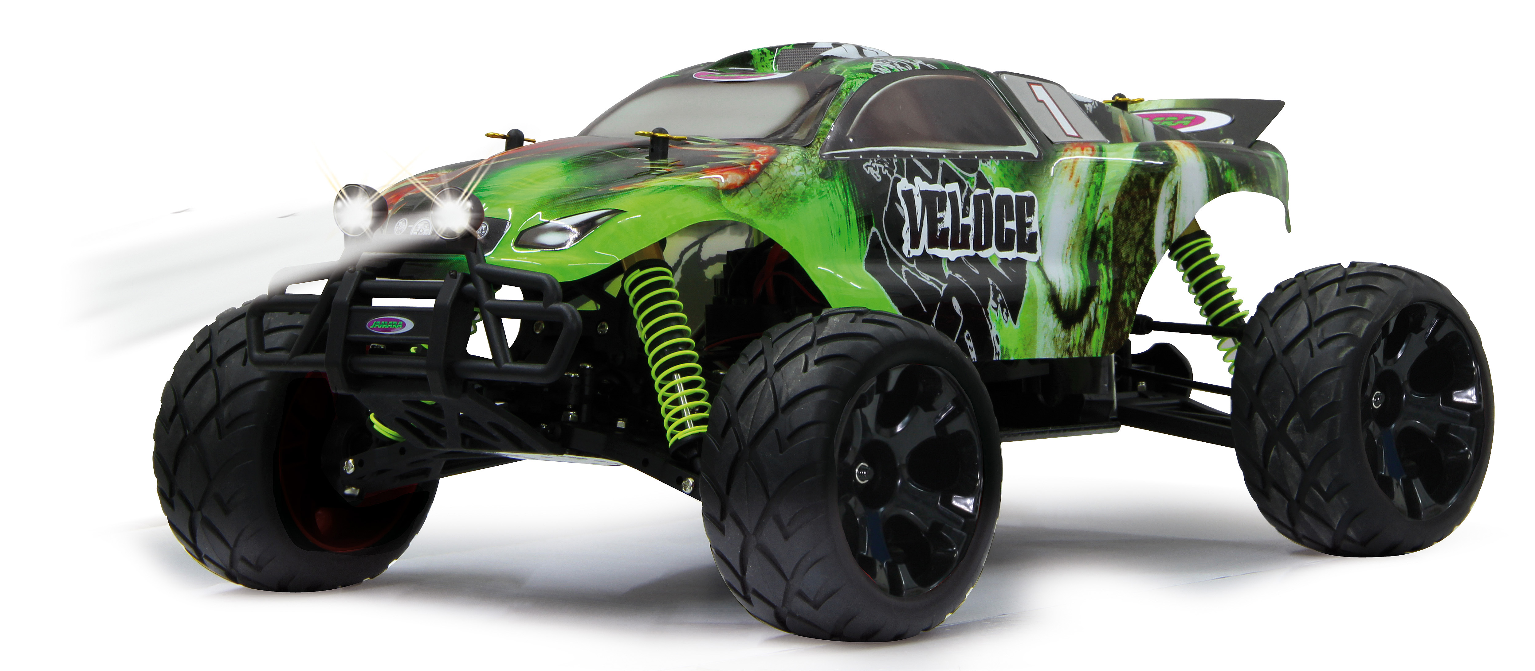 Ein grünes RC-Monster-Truck mit schwarzen Rädern und leuchtenden Scheinwerfern.