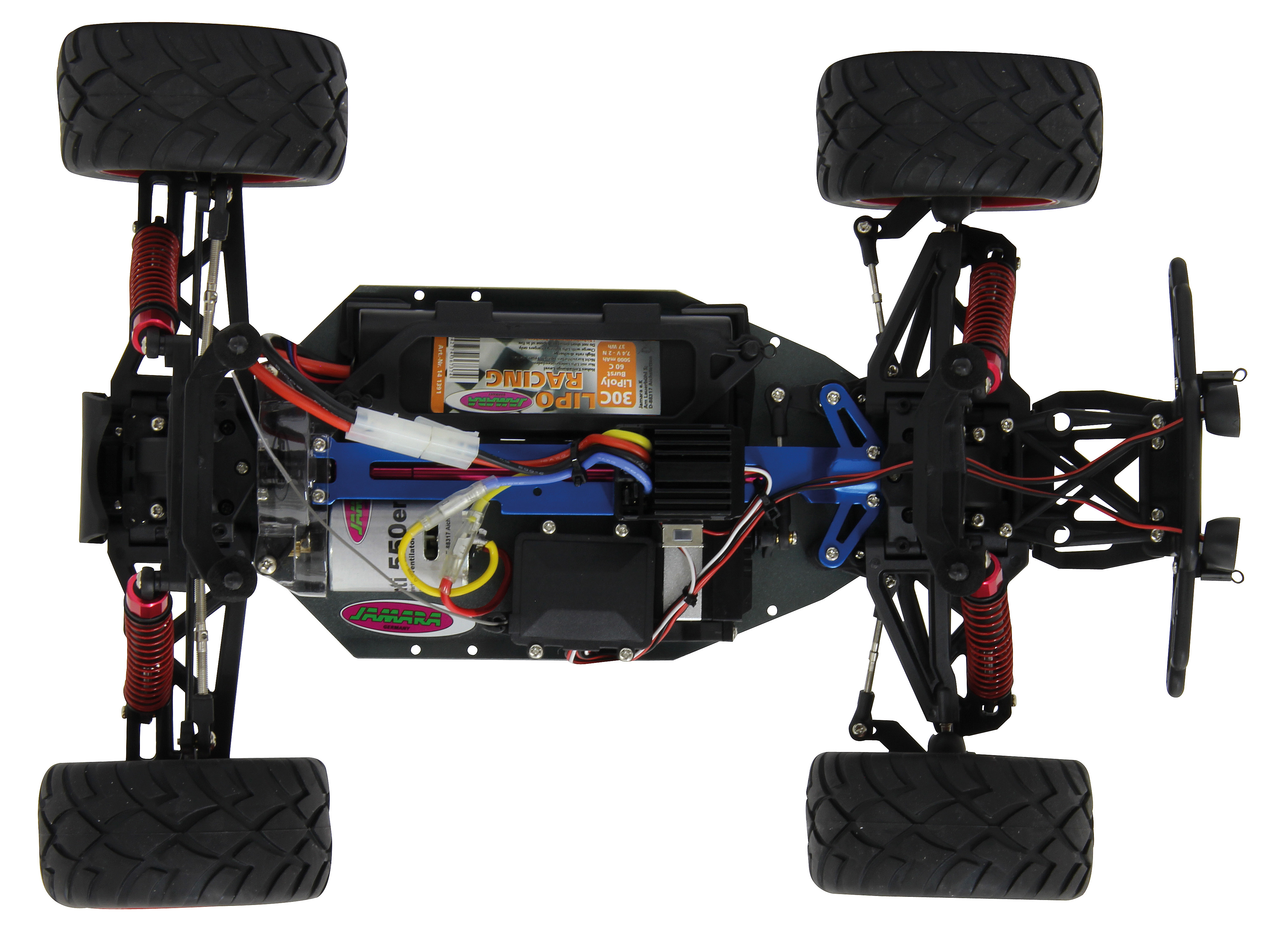 Detailaufnahme eines ferngesteuerten Autos mit sichtbarem Chassis, Reifen und Batterie.