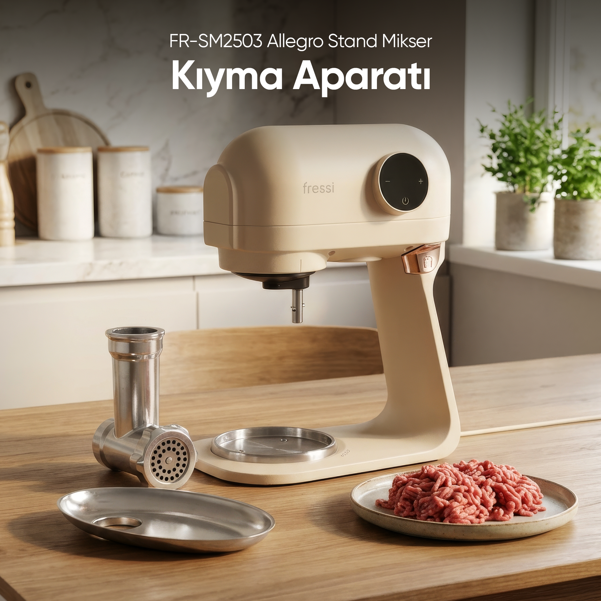 Ahşap masa üzerinde et öğütücü aparatlı ve kıyma bulunan bej renkli stand mikser.