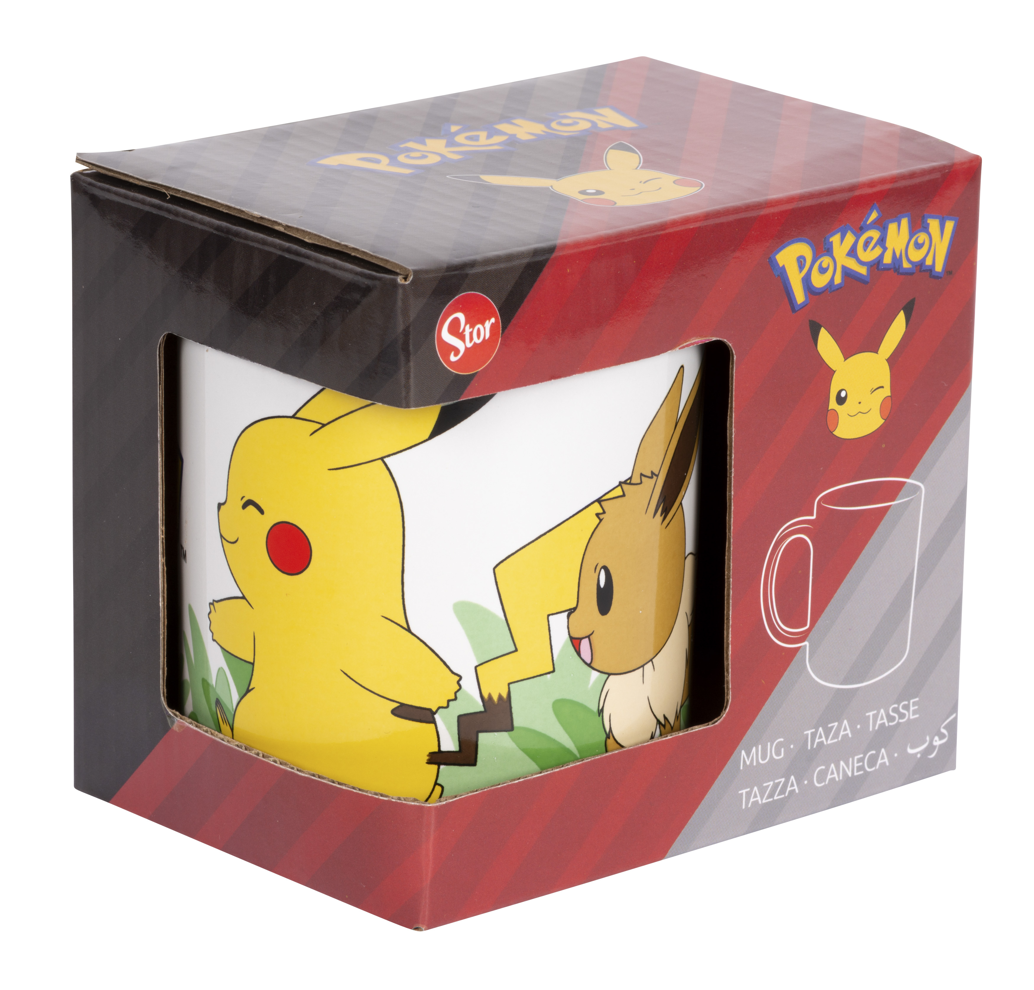 Pokemon-Box mit Pikachu- und Eevee-Grafiken. Enthält Tassen-Text in mehreren Sprachen.