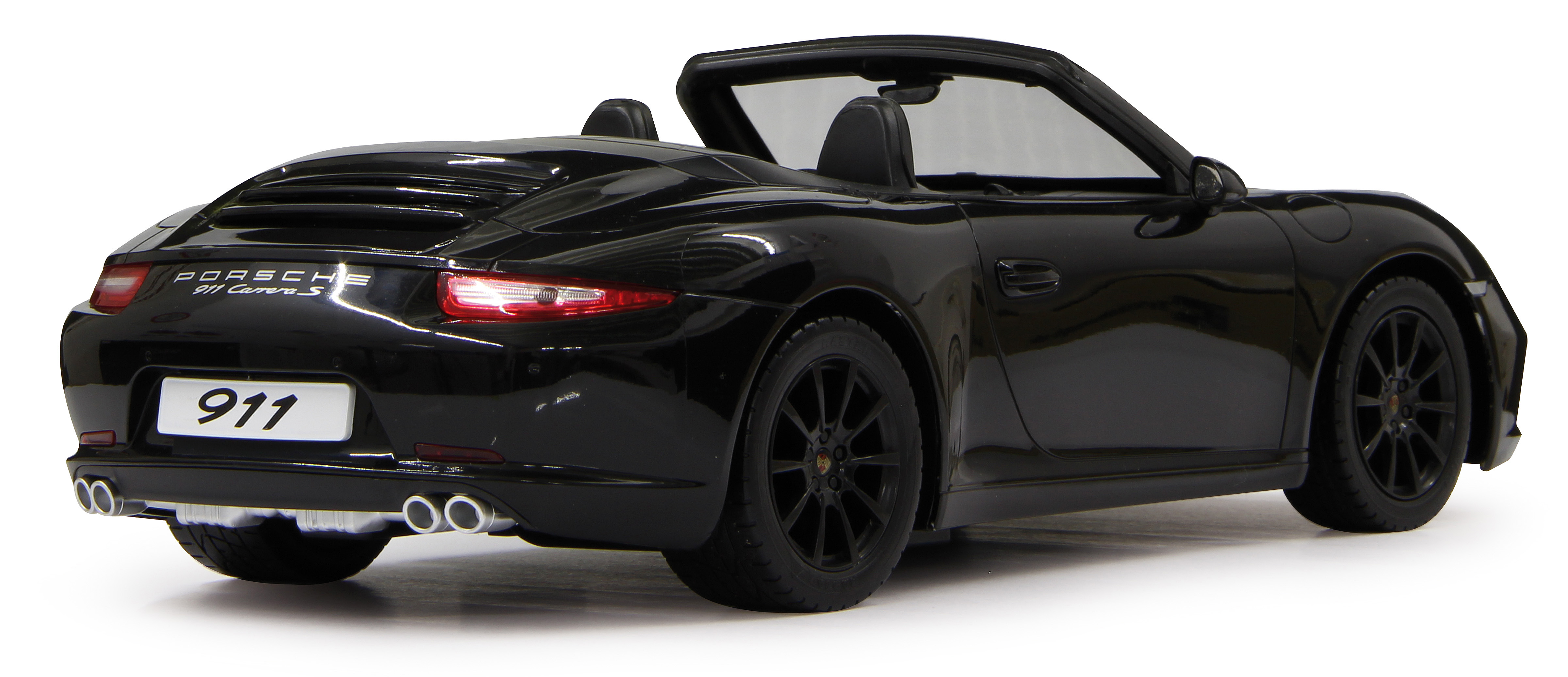 Schwarzer Porsche 911 Carrera S Cabriolet mit offenem Verdeck, Heckansicht.