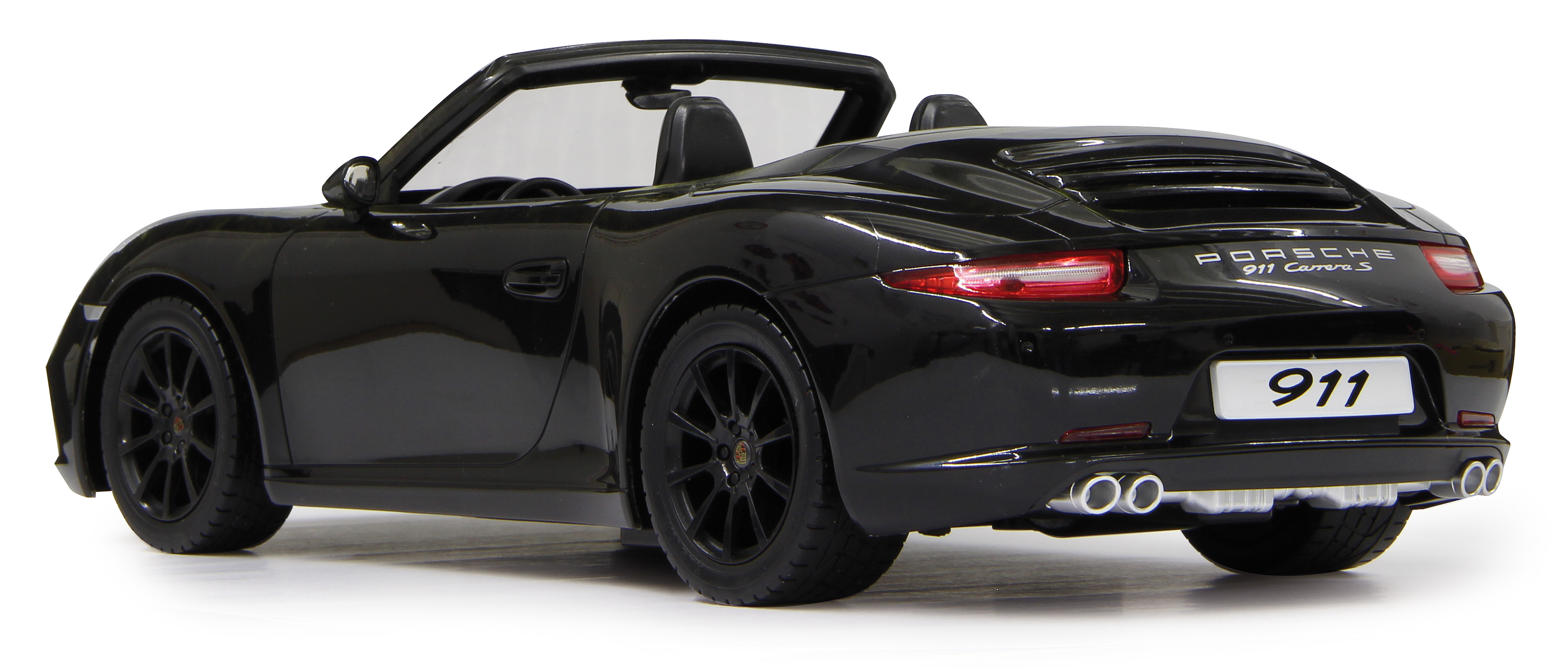 Schwarzer Porsche 911 Carrera S Cabriolet mit offenem Verdeck, Heckansicht.