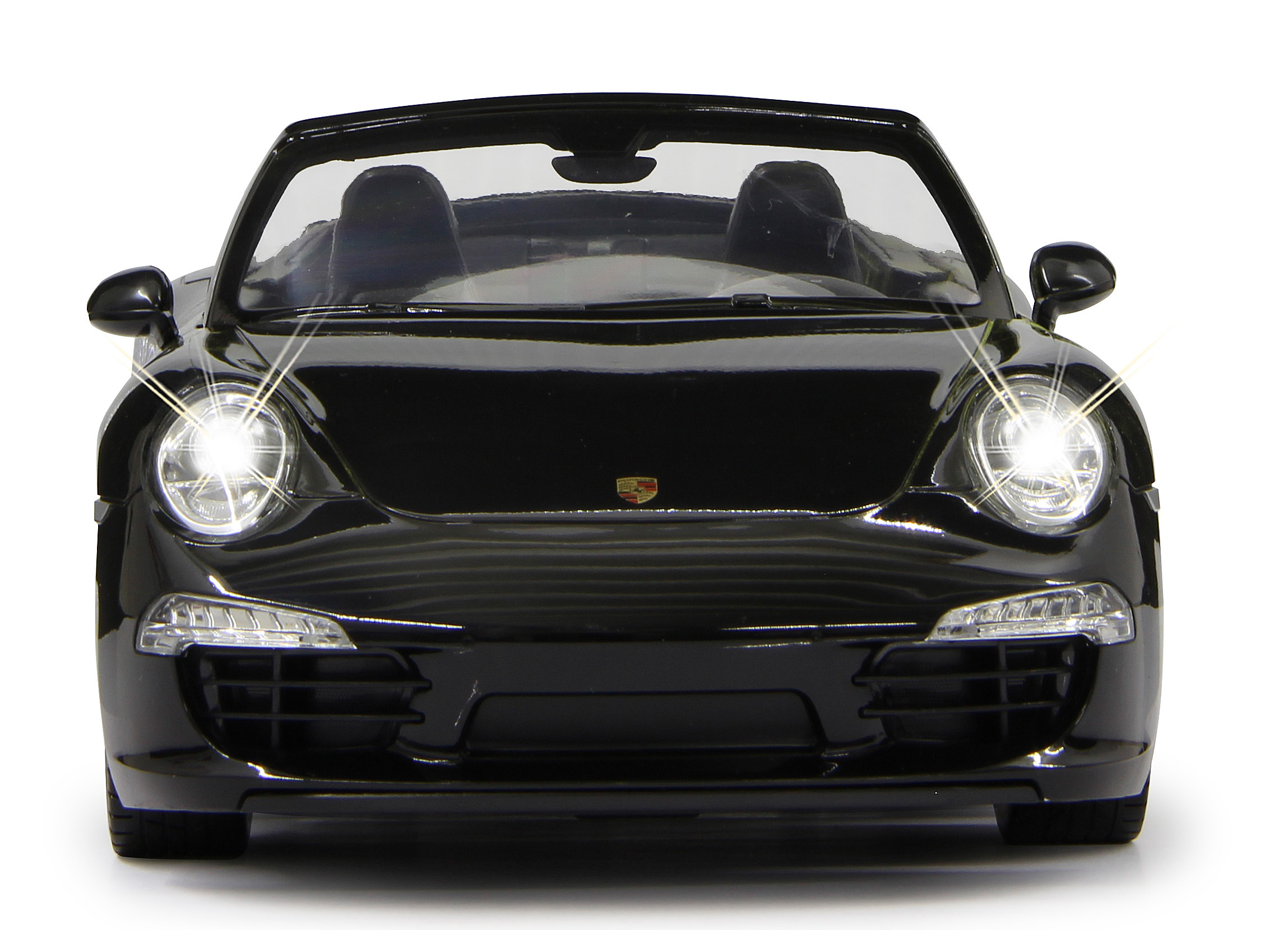 Schwarzer Porsche-Cabriolet mit leuchtenden Scheinwerfern, Frontansicht.