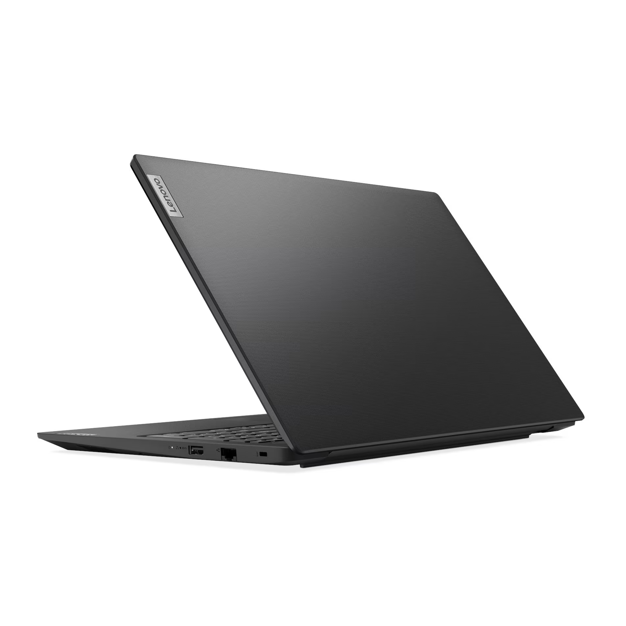 Yan taraftan görünen, dokulu yüzeye sahip kapalı, koyu renkli bir Lenovo dizüstü bilgisayar.