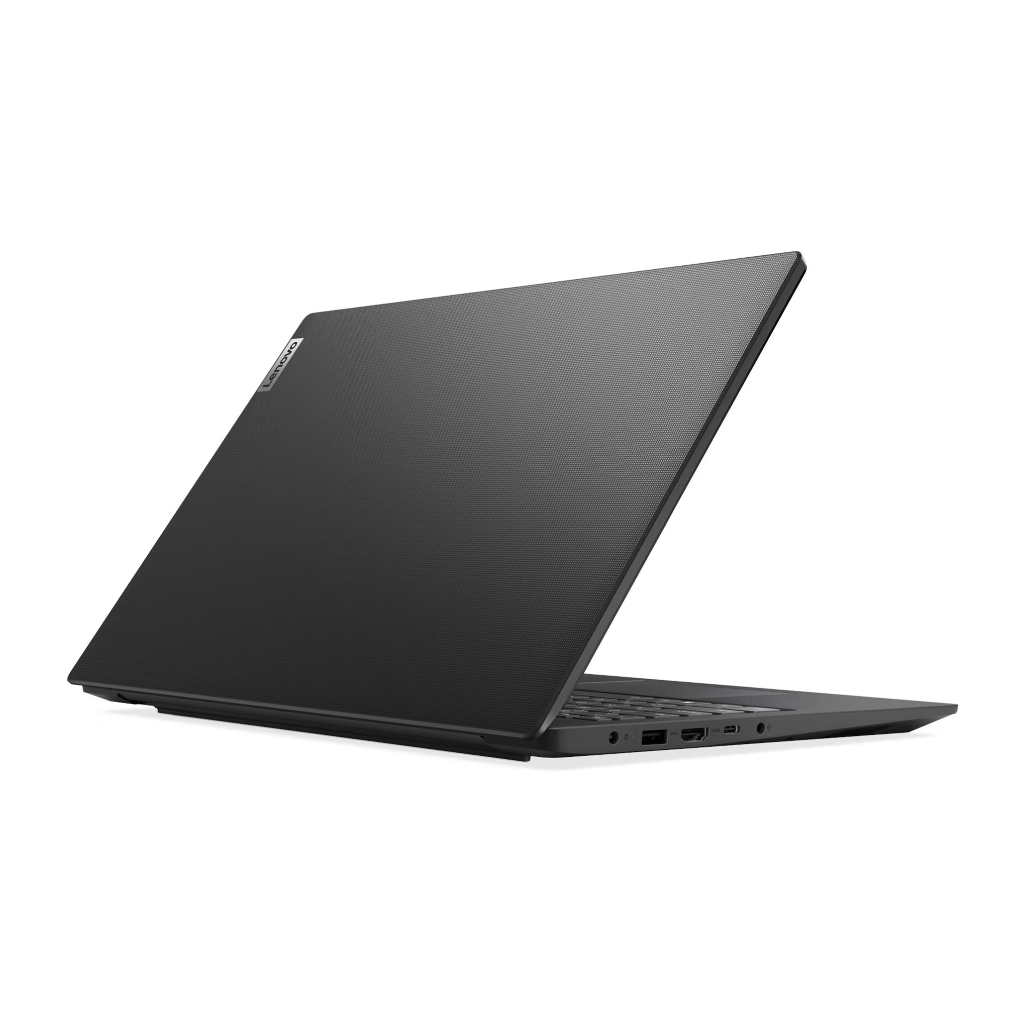 Siyah Lenovo dizüstü bilgisayar, açık kapak, bağlantı noktalarını gösteren yan görünüm.