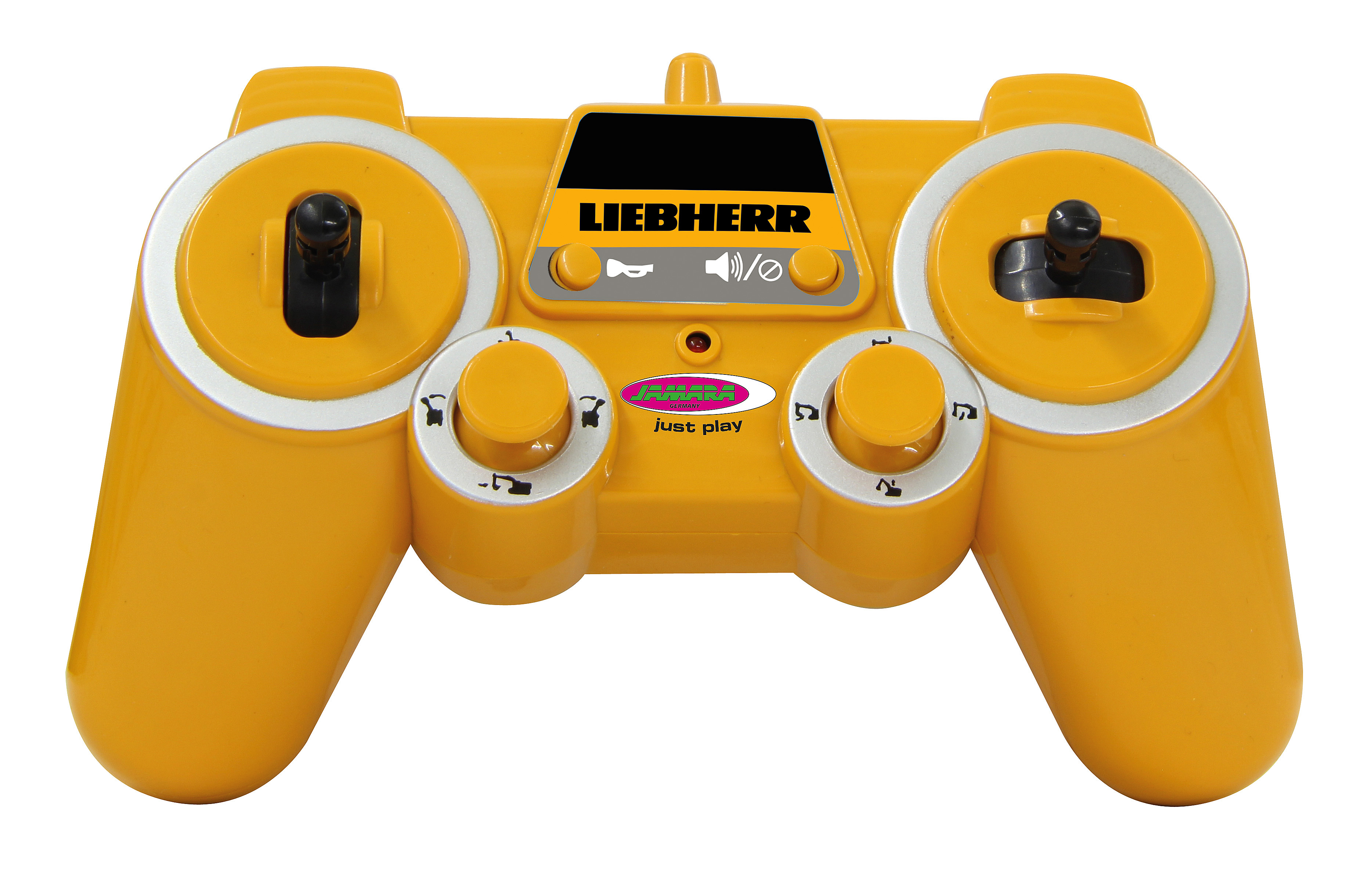 Ein gelber Fernbedienungsgriff mit Joysticks, Knöpfen und dem LIEBHERR-Logo.
