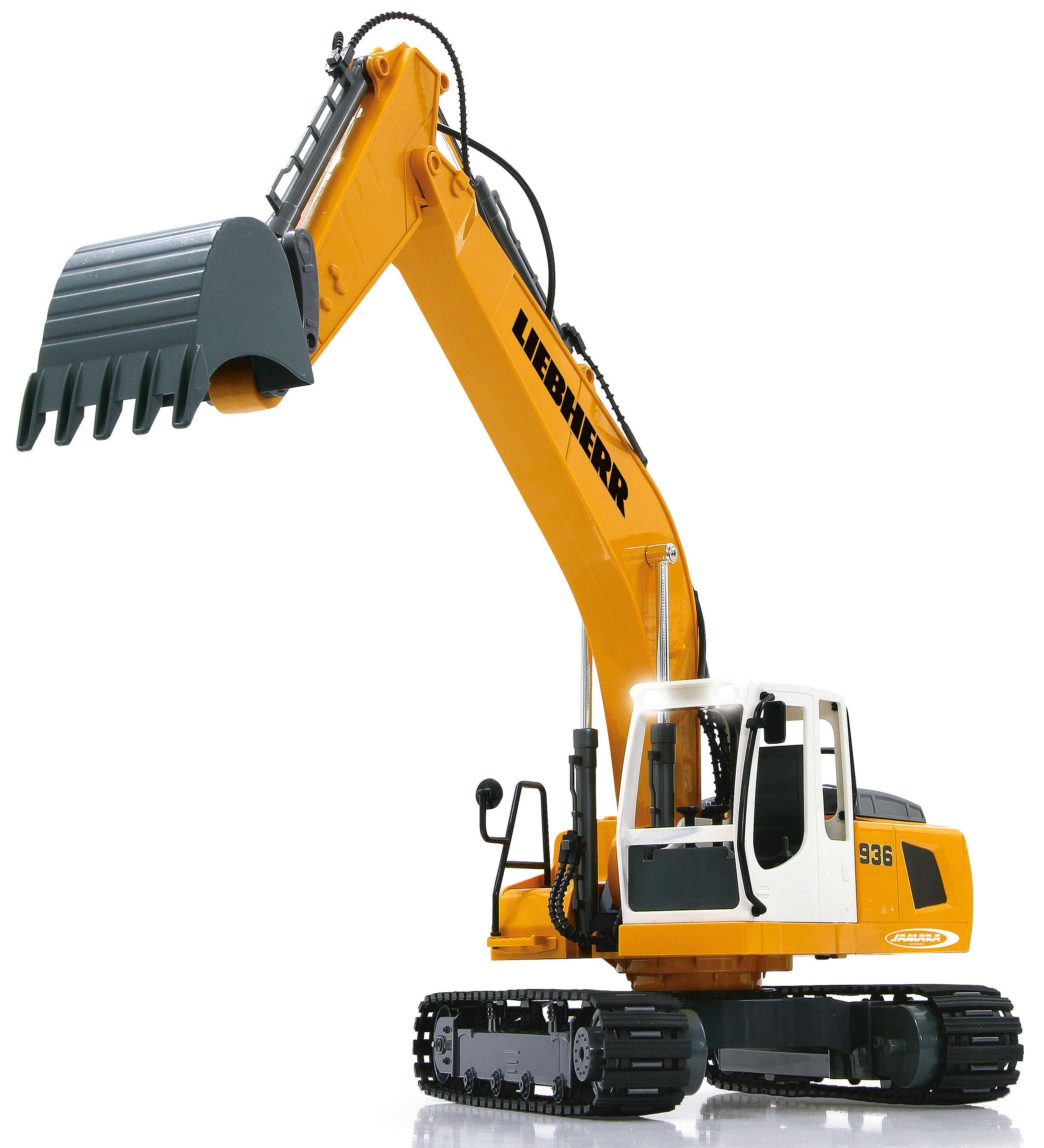 Ein gelber Liebherr-Bagger mit weißer Kabine und schwarzer Raupenkette.