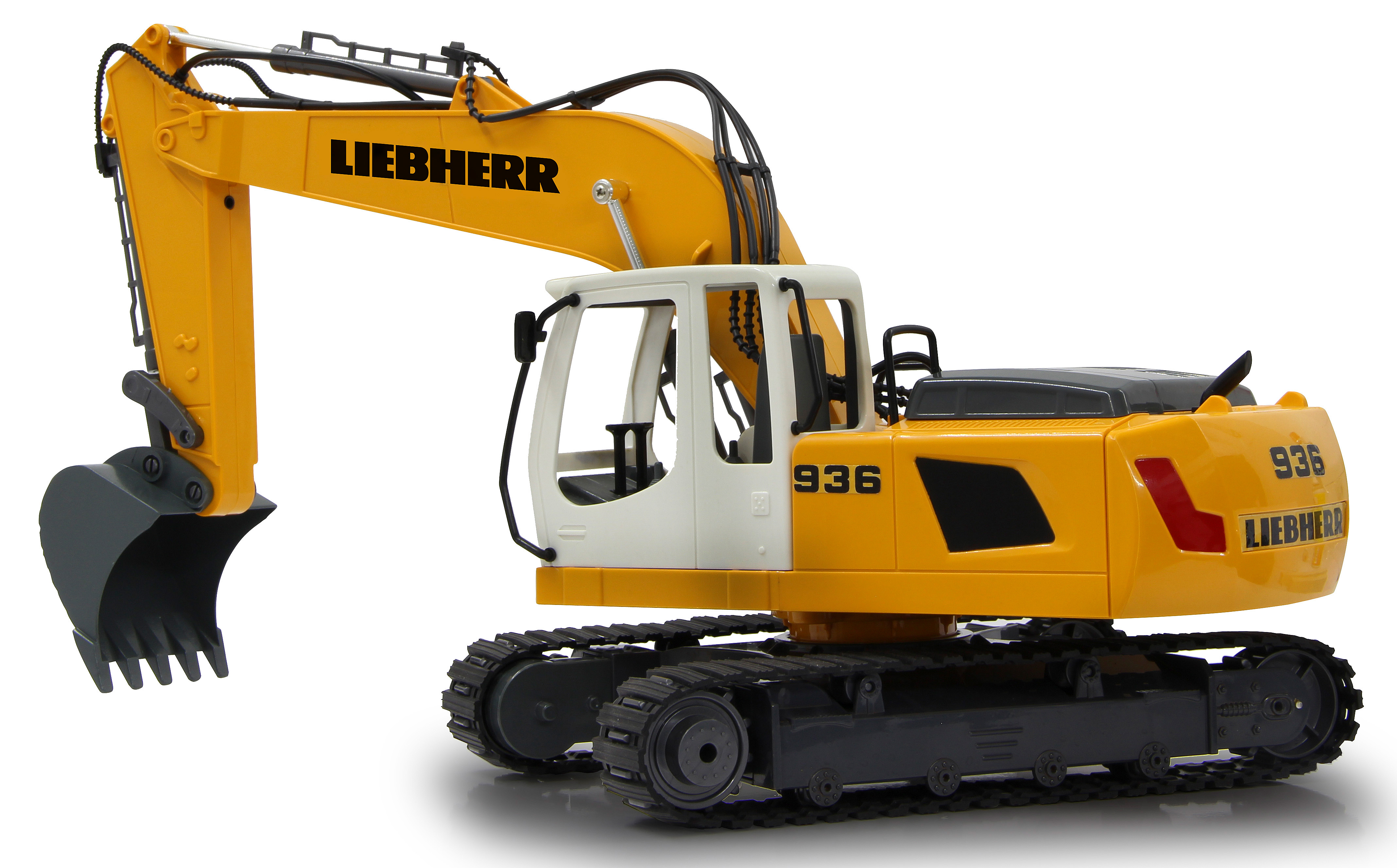 Gelber Liebherr-Bagger mit weißer Kabine und schwarzer Raupenkette.