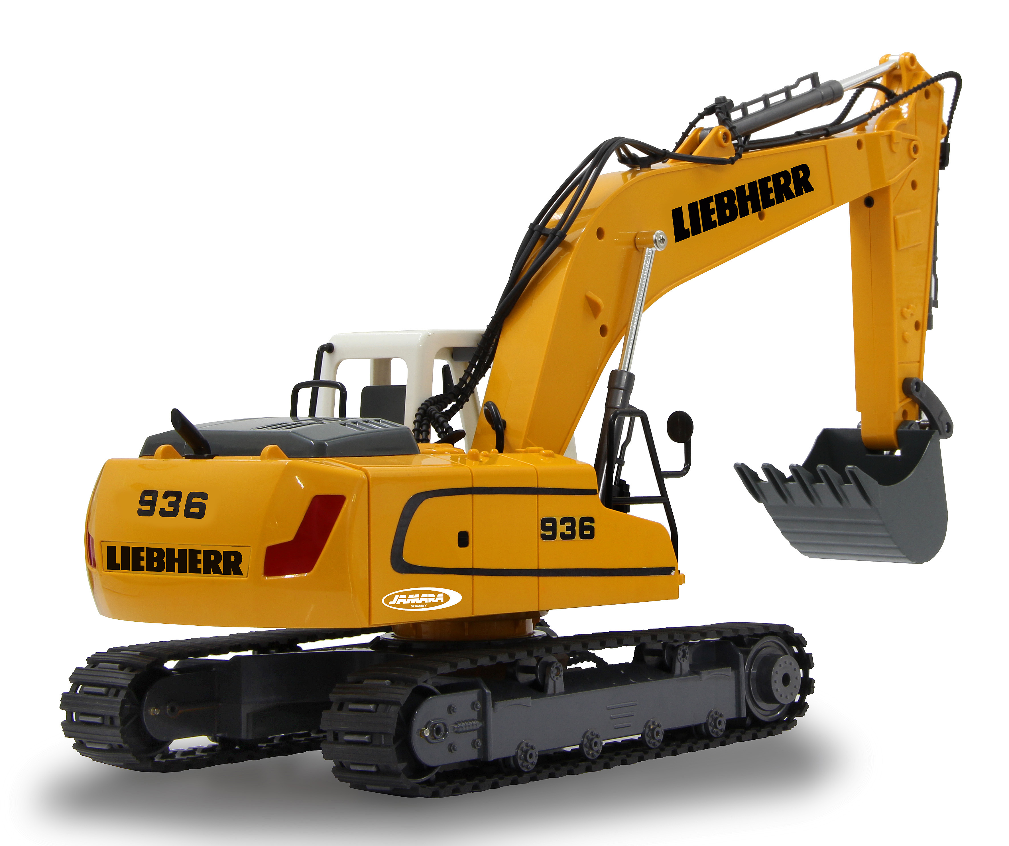 Ein gelber Liebherr-Bagger Spielzeug mit Ketten und Schaufel. Modell 936.