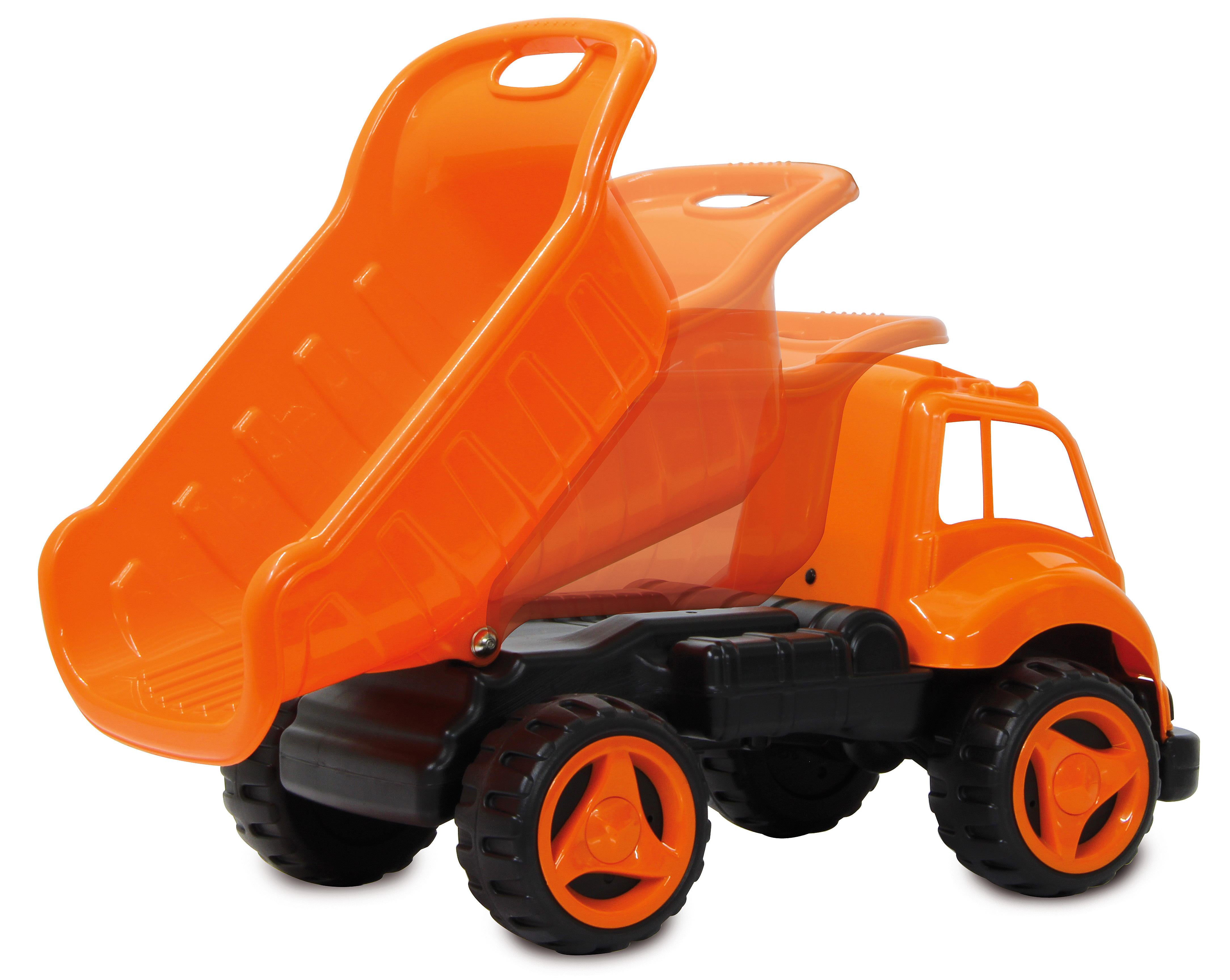 Ein orangefarbener Kipper mit schwarzem Fahrgestell und Rädern.