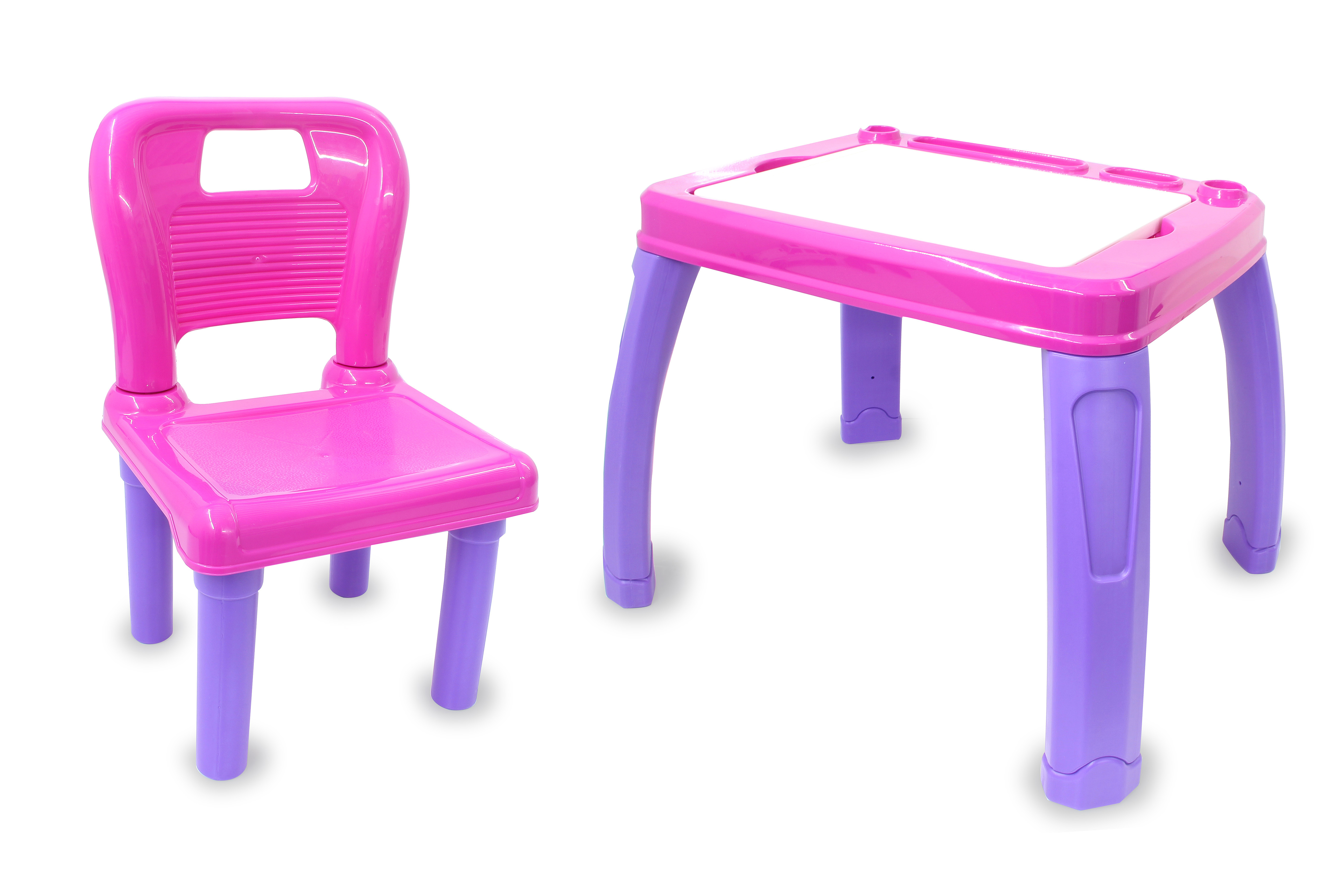 Ein pinker Kindertisch mit lila Beinen und ein pinker Stuhl mit lila Beinen.