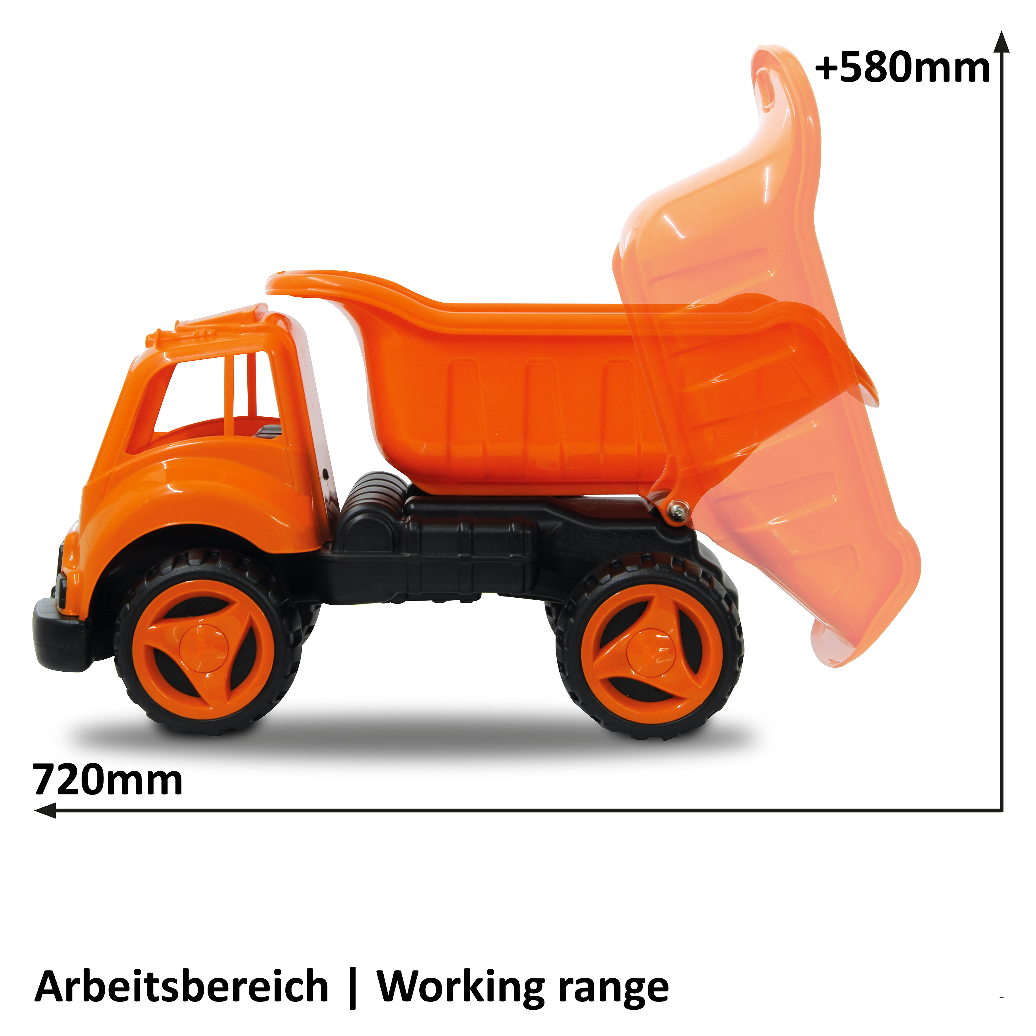Orange Kipper mit schwarzen Rädern, Maße 720mm und +580mm.