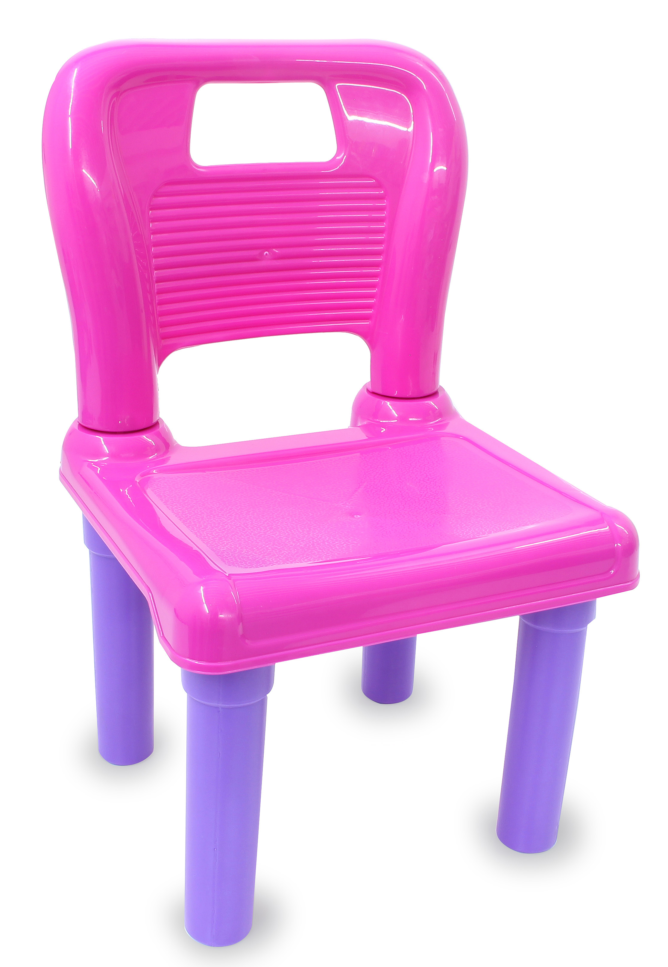 Ein leuchtend pinker Kinderstuhl aus Kunststoff mit lila Beinen. Sitzfläche und Rückenlehne sind gerippt.