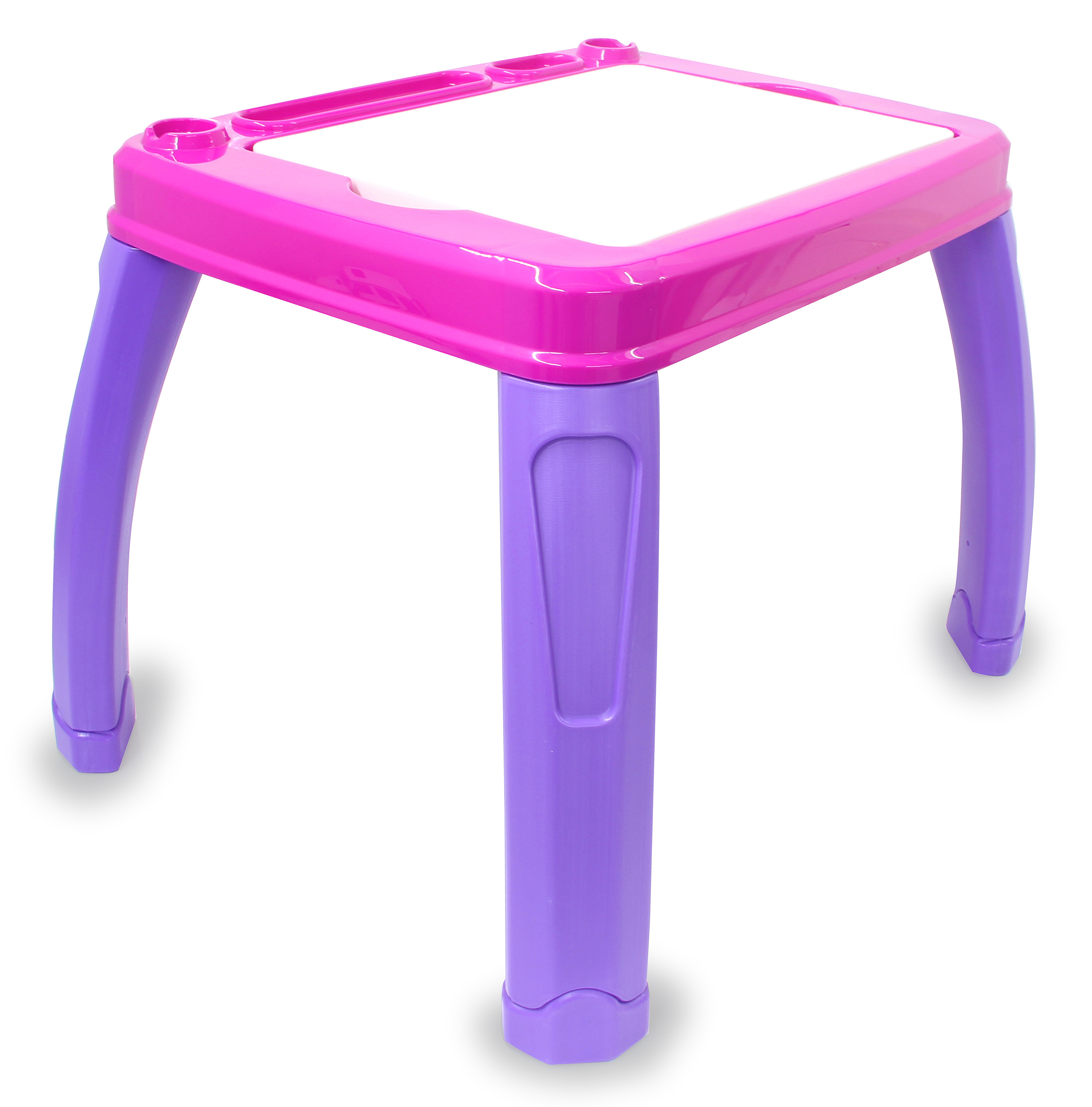 Ein pinker und violetter Kindertisch mit vier Beinen und Fächern.