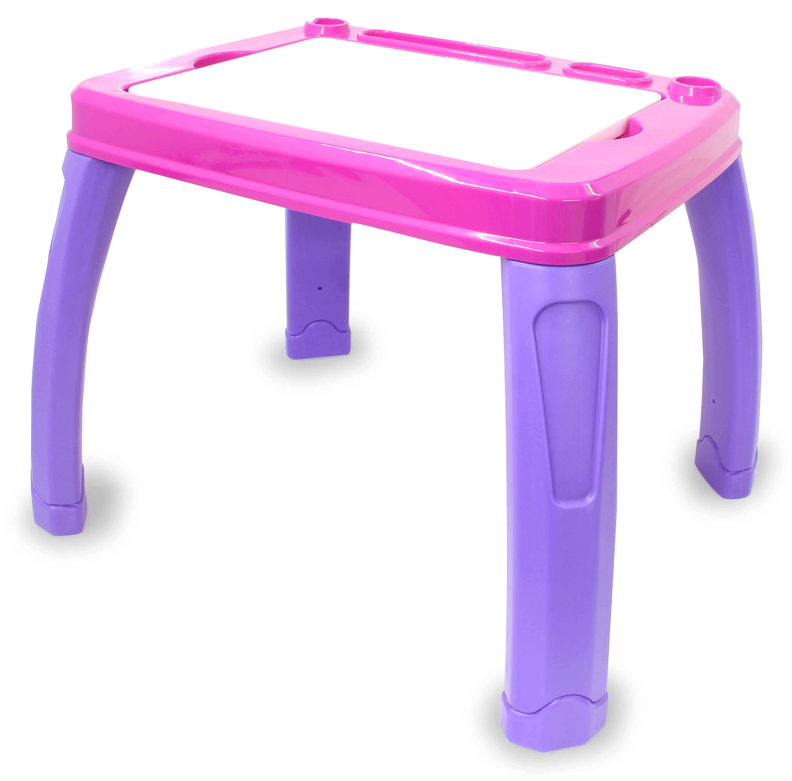 Ein pinker Basteltisch mit lila Beinen auf weißem Hintergrund.