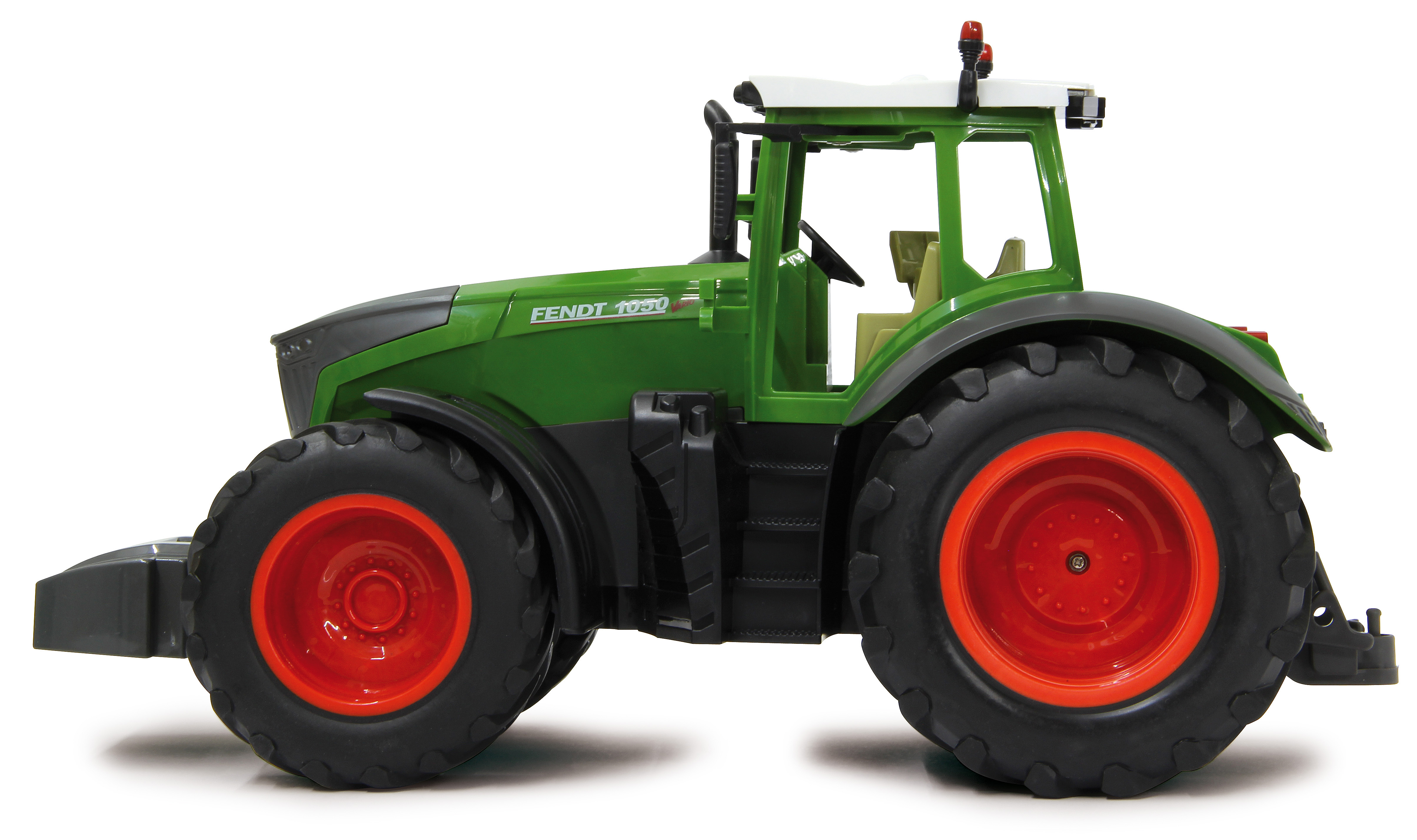 Tractor de juguete verde con llantas rojas y neumáticos negros.