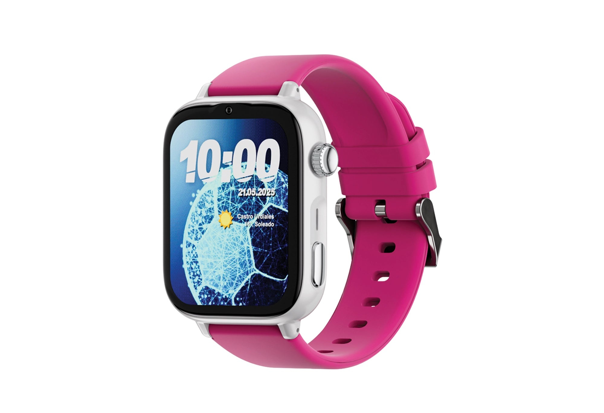 Uno smartwatch rosa con cassa bianca e schermo che mostra le 10:00.