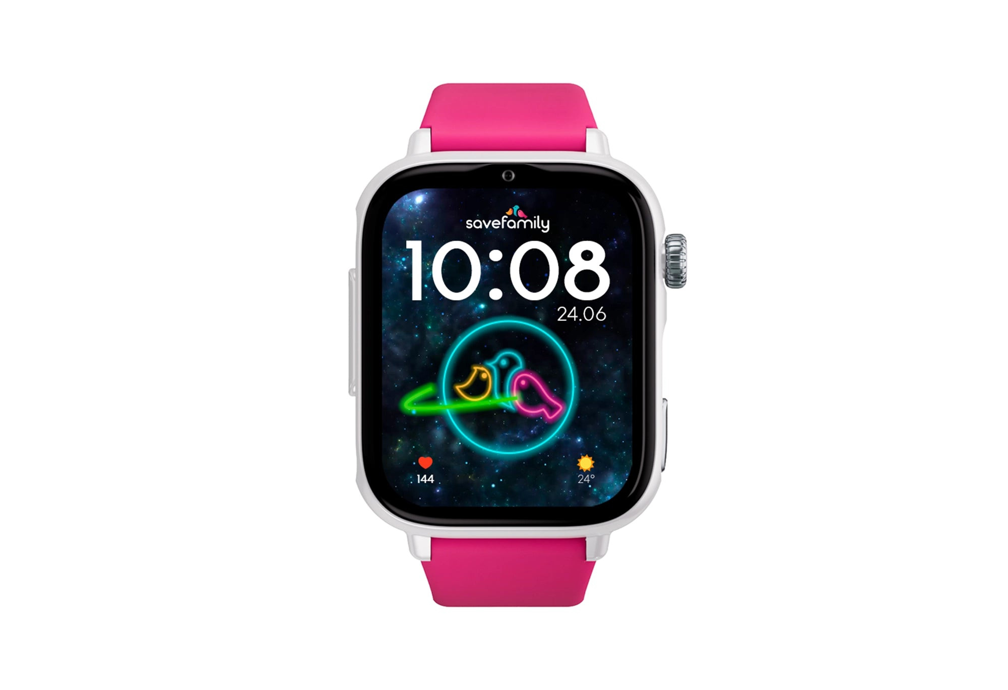 Uno smartwatch bianco con cinturino rosa mostra le 10:08 e uno schermo a tema spaziale.